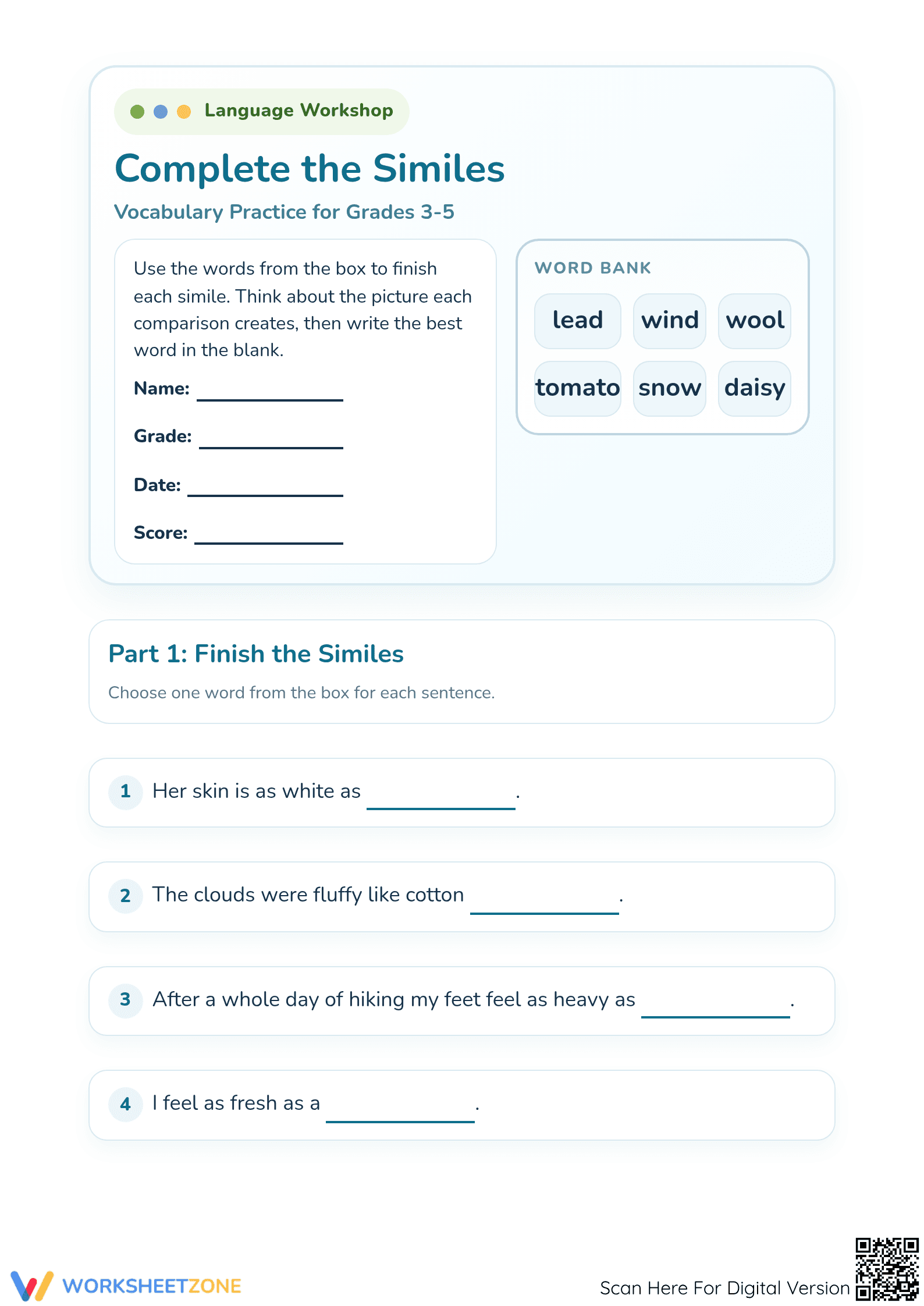 Essential Similes Practice Worksheet | Grades 3-5 Printable - Page 1