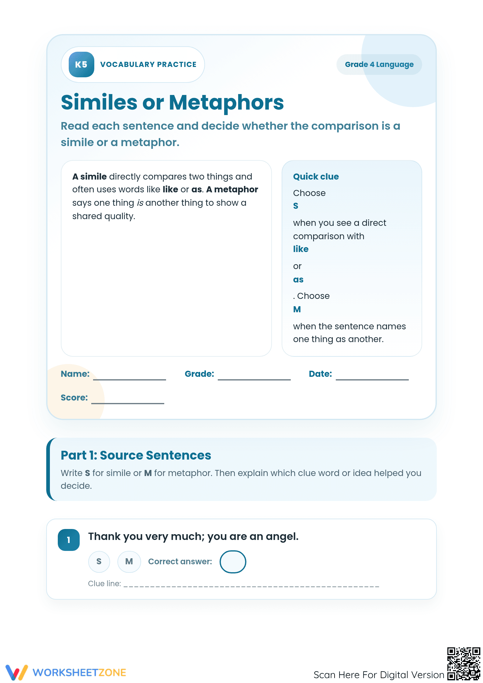 Printable Similes and Metaphors Worksheet | Grade 4 ELA - Page 1