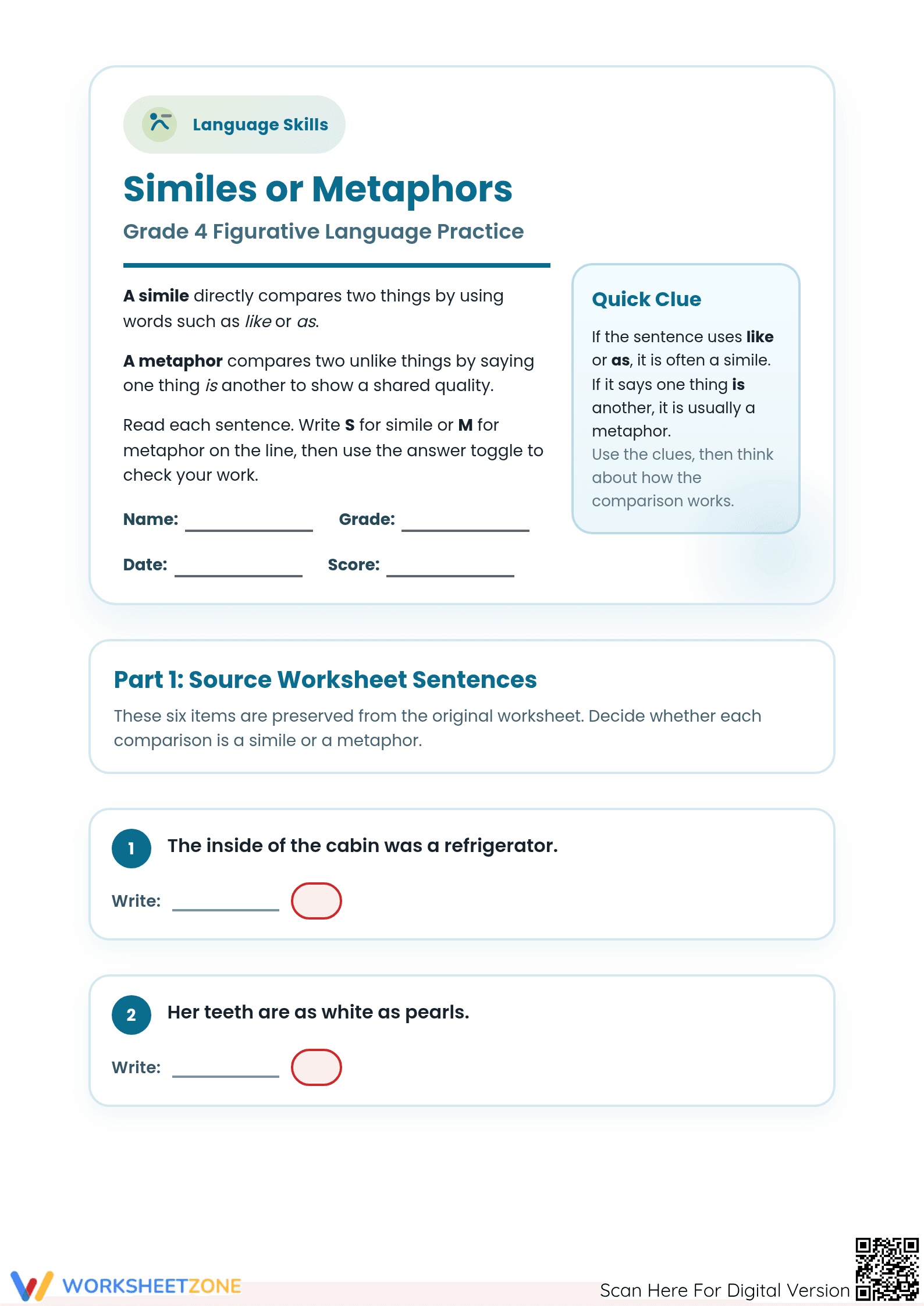 Printable Similes and Metaphors Worksheet | Grade 4 ELA - Page 1