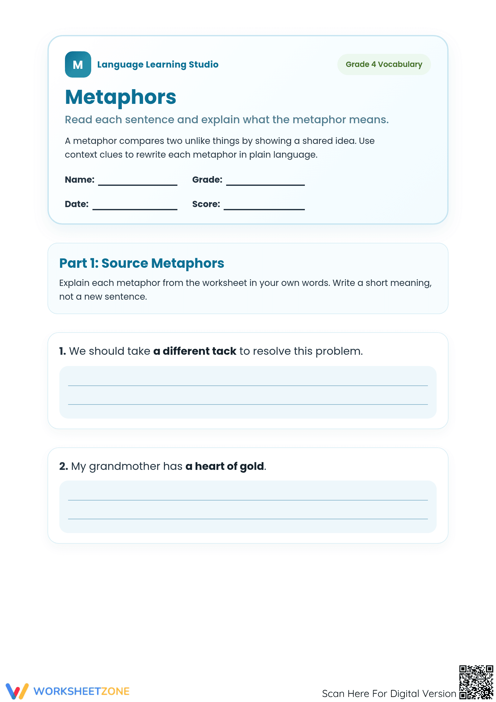 Printable Metaphor Meanings Worksheet | Grade 4 ELA - Page 1