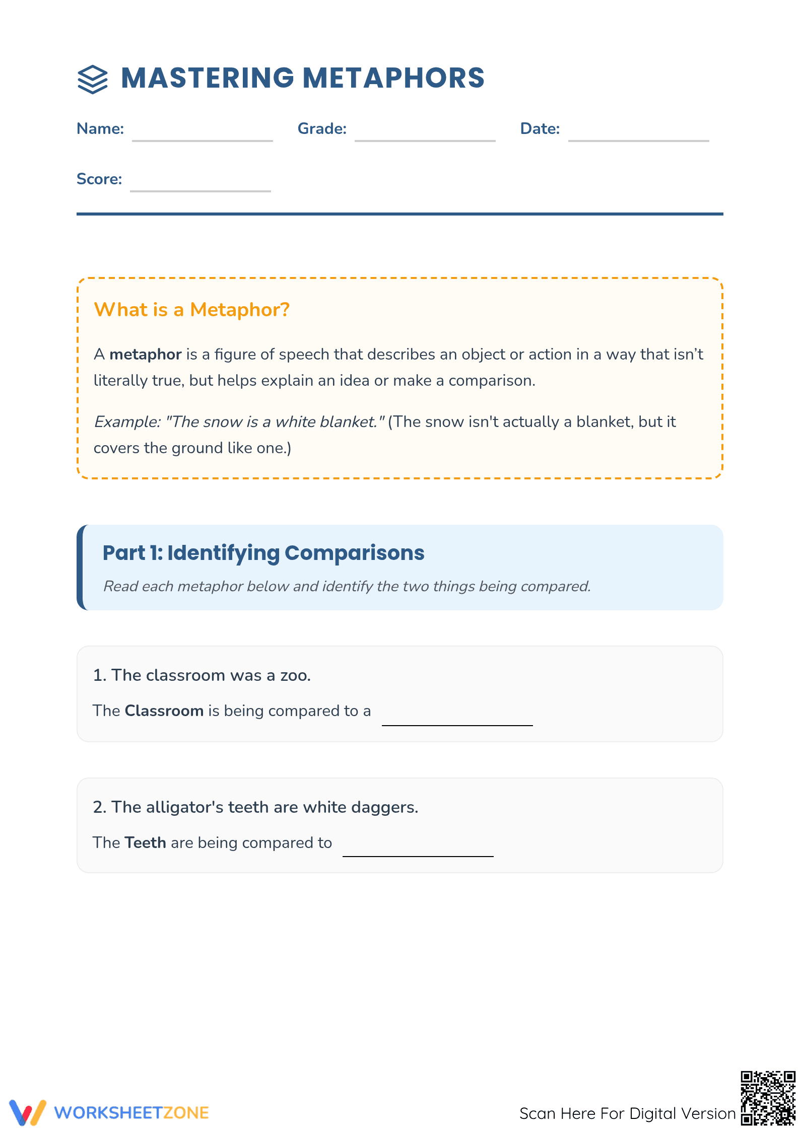 Mastering Metaphors Worksheet | Printable Grade 4 ELA - Page 1