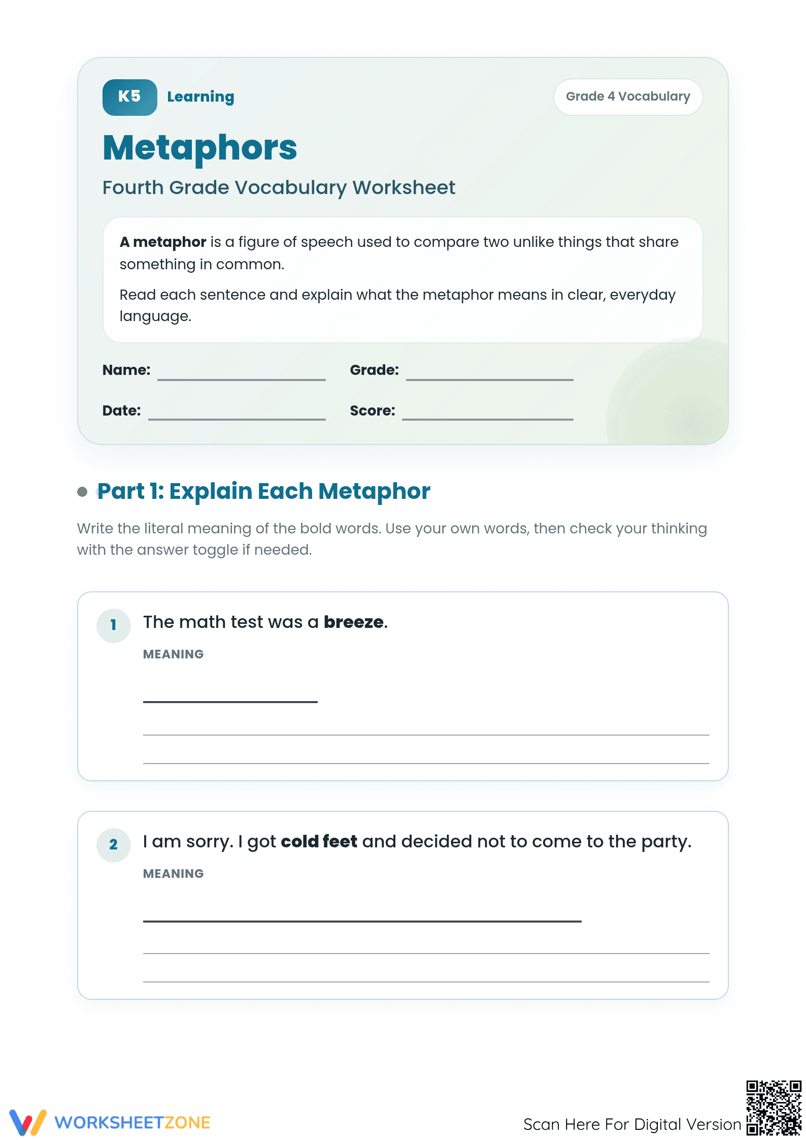 Printable Metaphors Worksheet | Grade 4 ELA Practice - Page 1