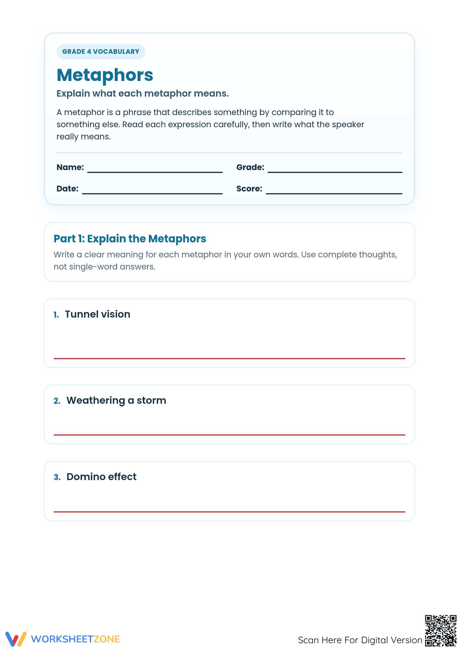 Printable Metaphors Worksheet | Grade 4 English Practice - Page 1
