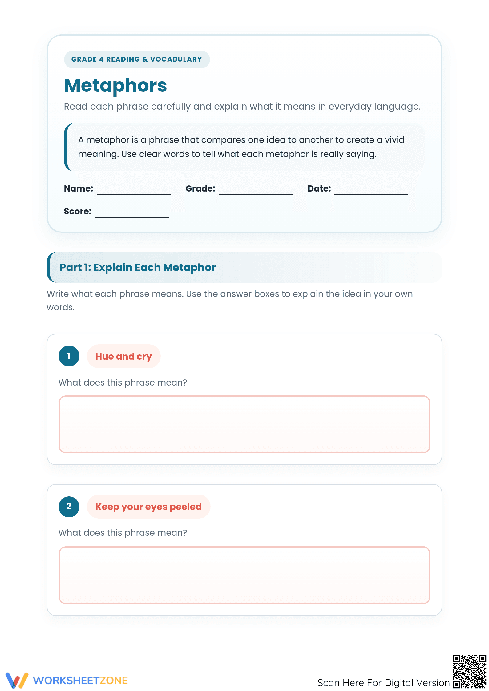 Printable Metaphors Worksheet | Grade 4 ELA Ready Practice - Page 1