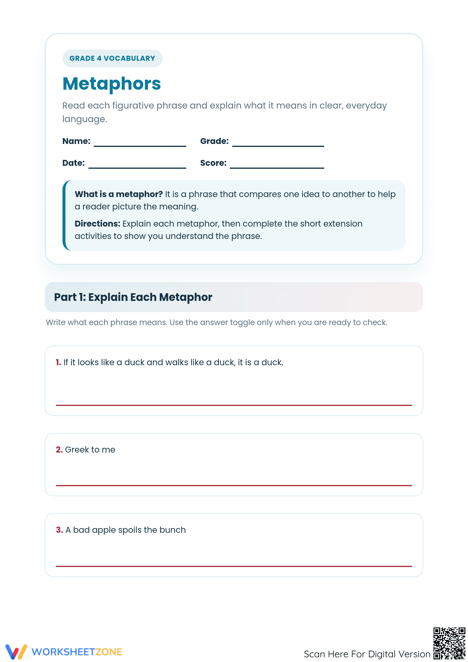 Essential Metaphors Worksheet | Grade 4 ELA Printable - Page 1