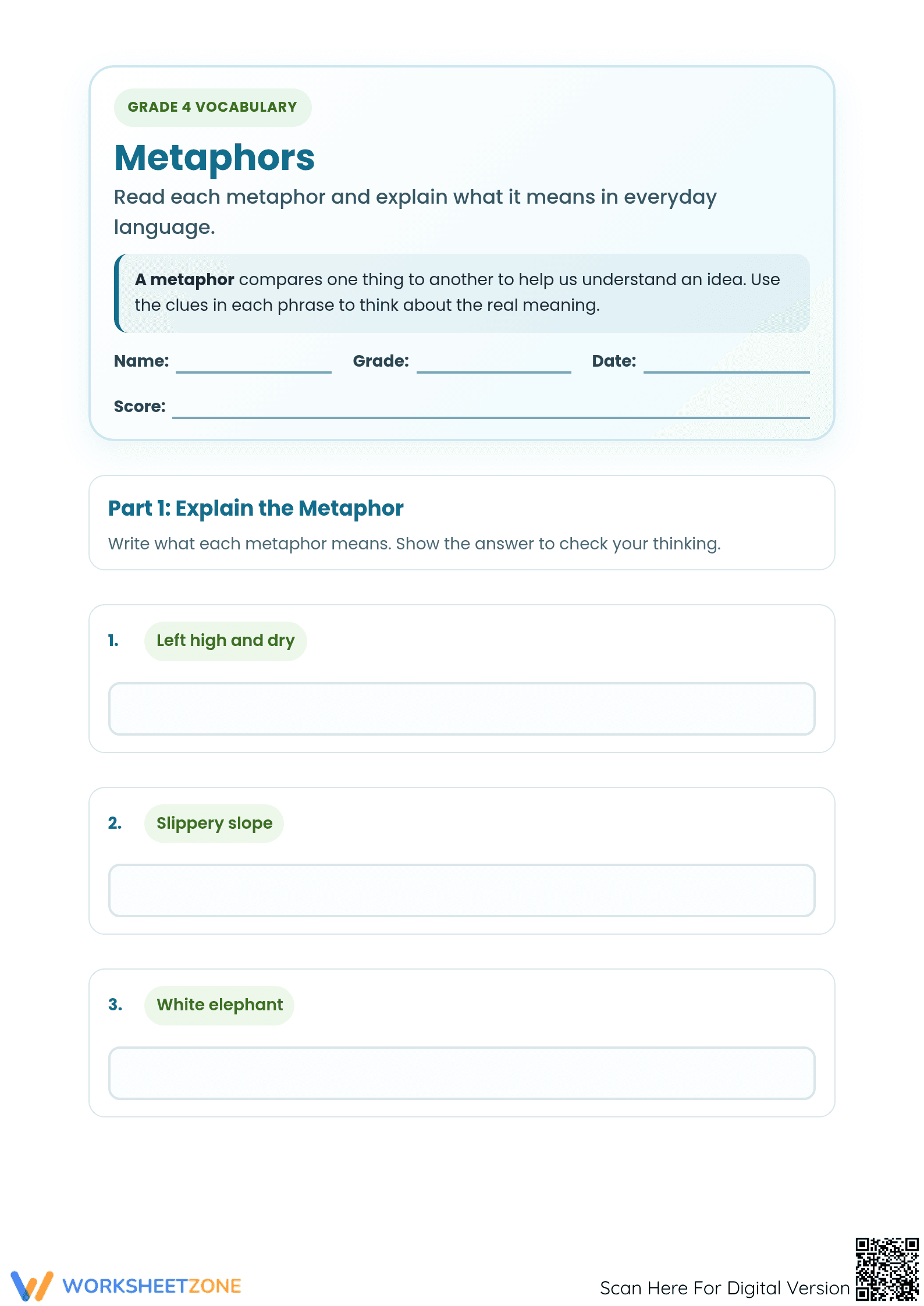 Printable Metaphors Worksheet | Grade 4 ELA Vocabulary - Page 1
