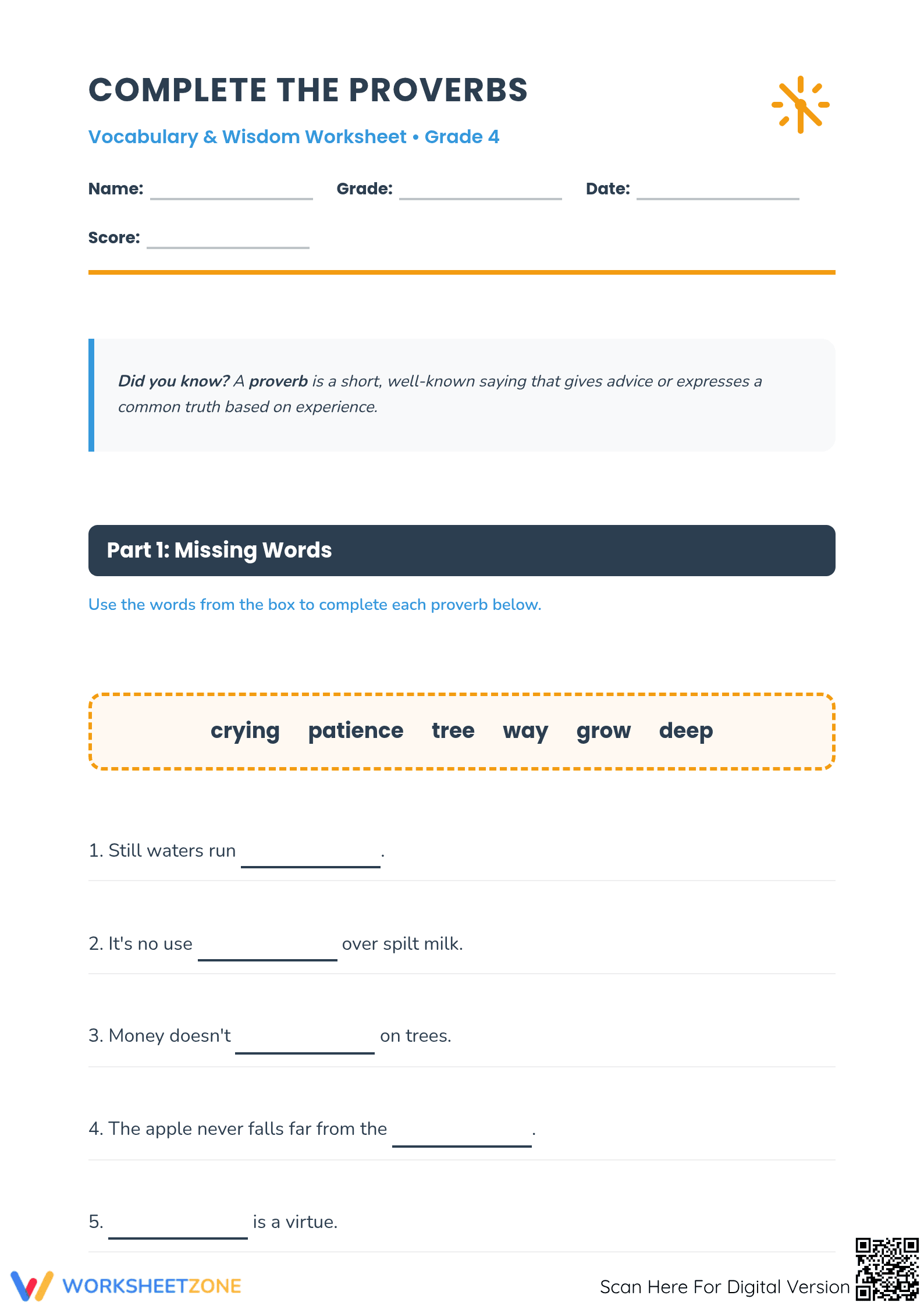 Printable Proverbs Worksheet | Grade 4 ELA Essential - Page 1