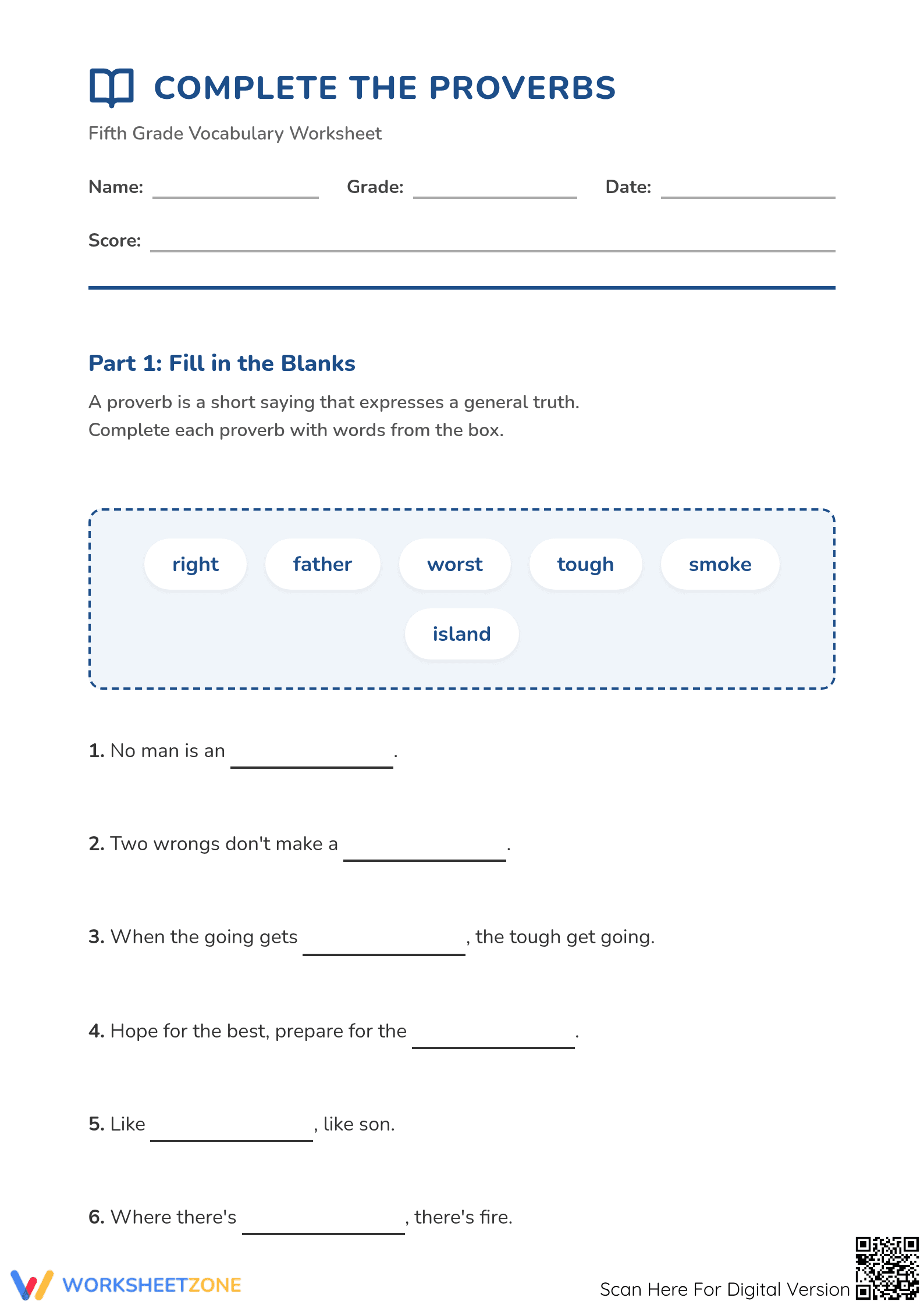 Grade 4 Proverbs — Printable No-Prep Worksheet - Page 1