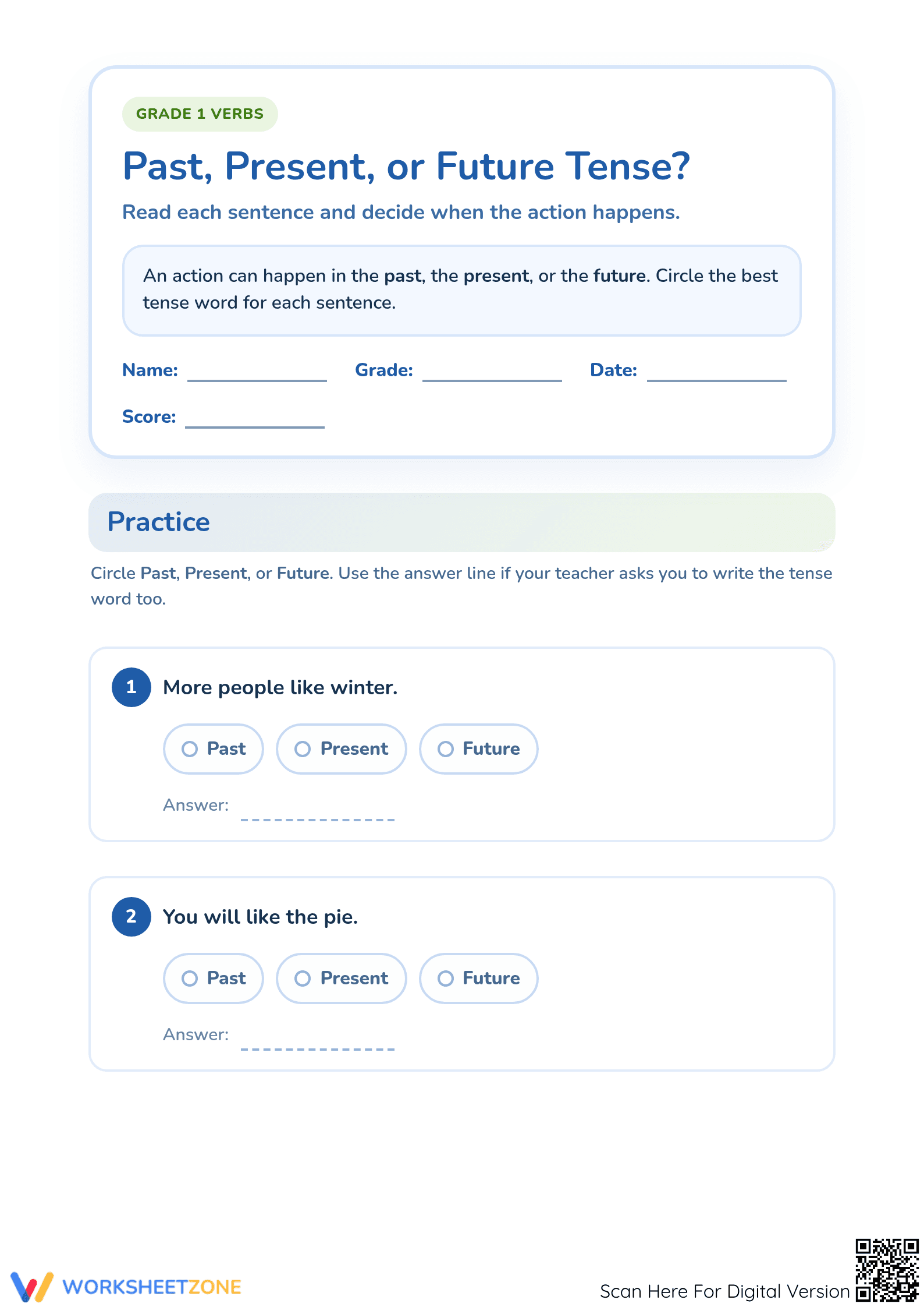 Printable Grade 1 Verb Tense Worksheet: Past, Present, Future - Page 1