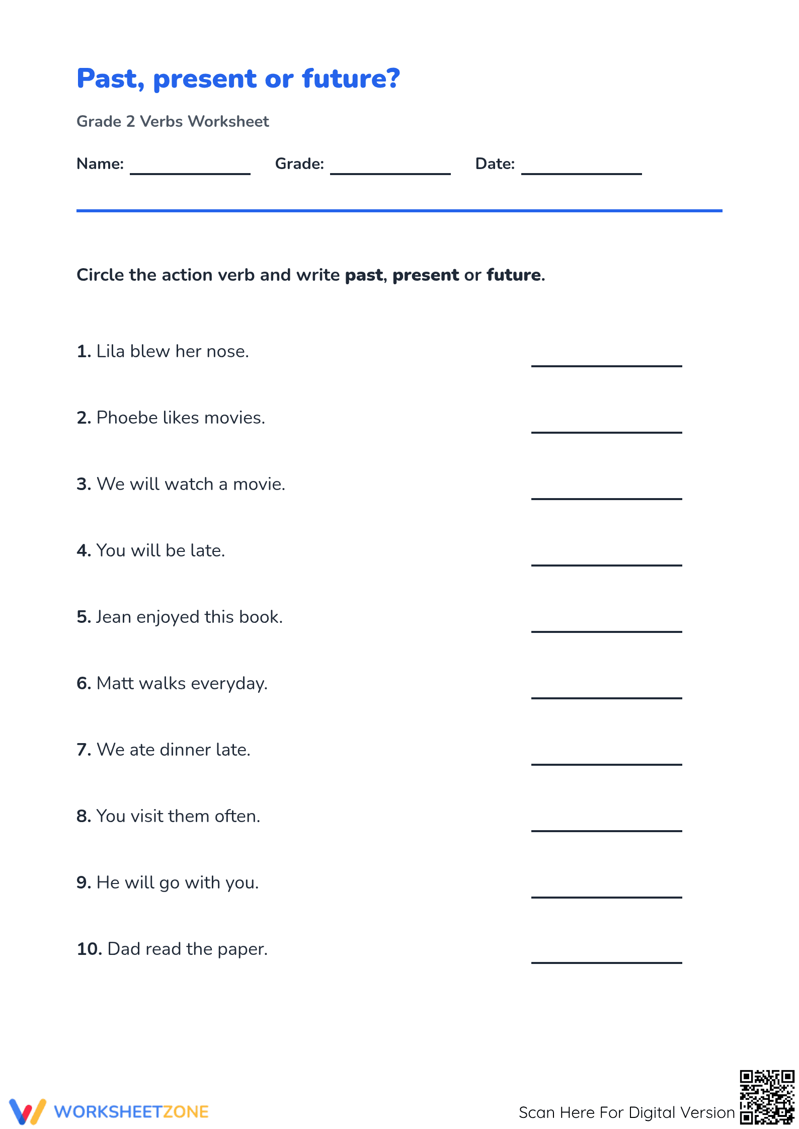 Essential Verb Tenses Worksheet | Grade 2 Printable - Page 1