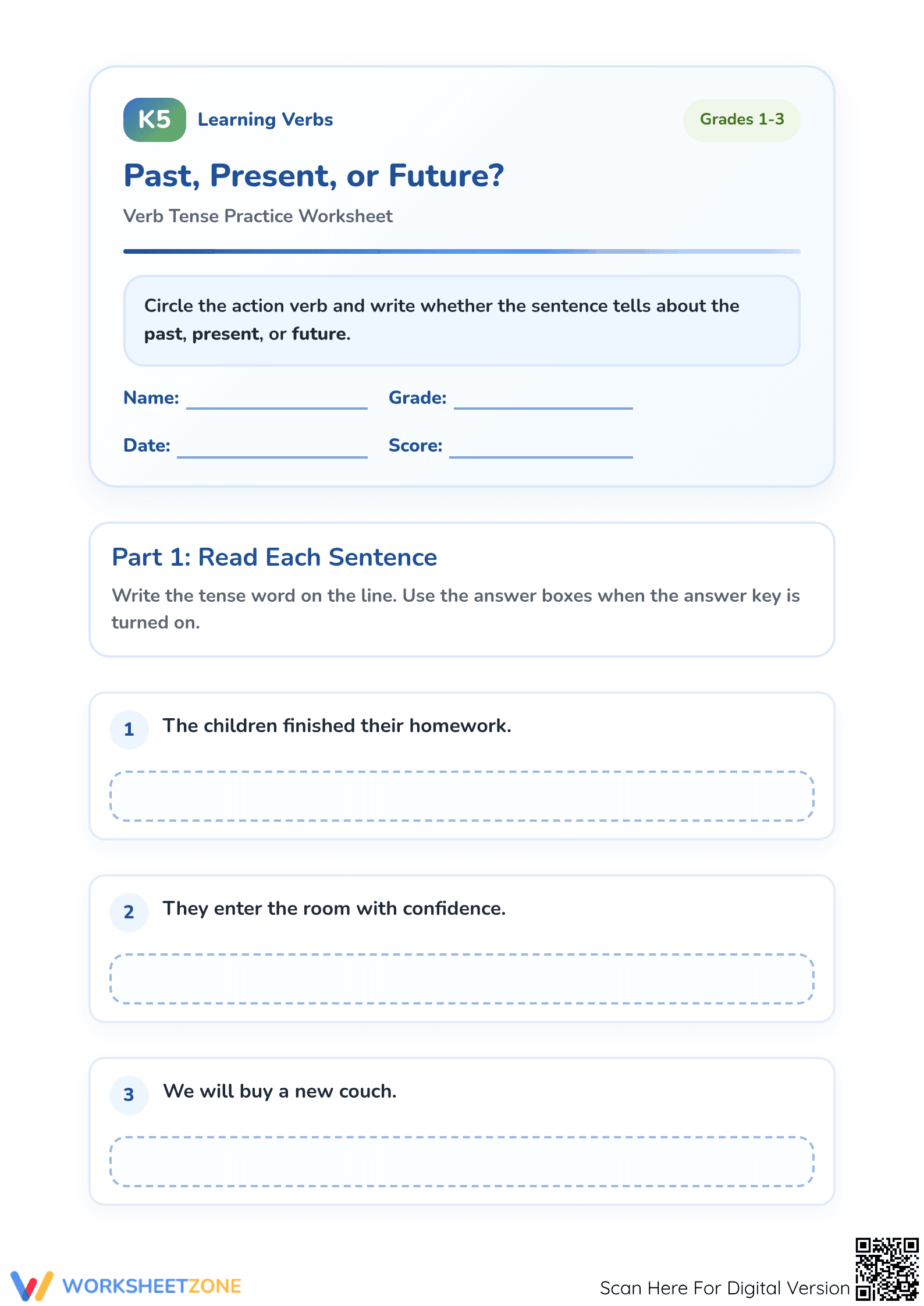 Printable Past Present or Future Tense Worksheet | Grade 1-3 - Page 1