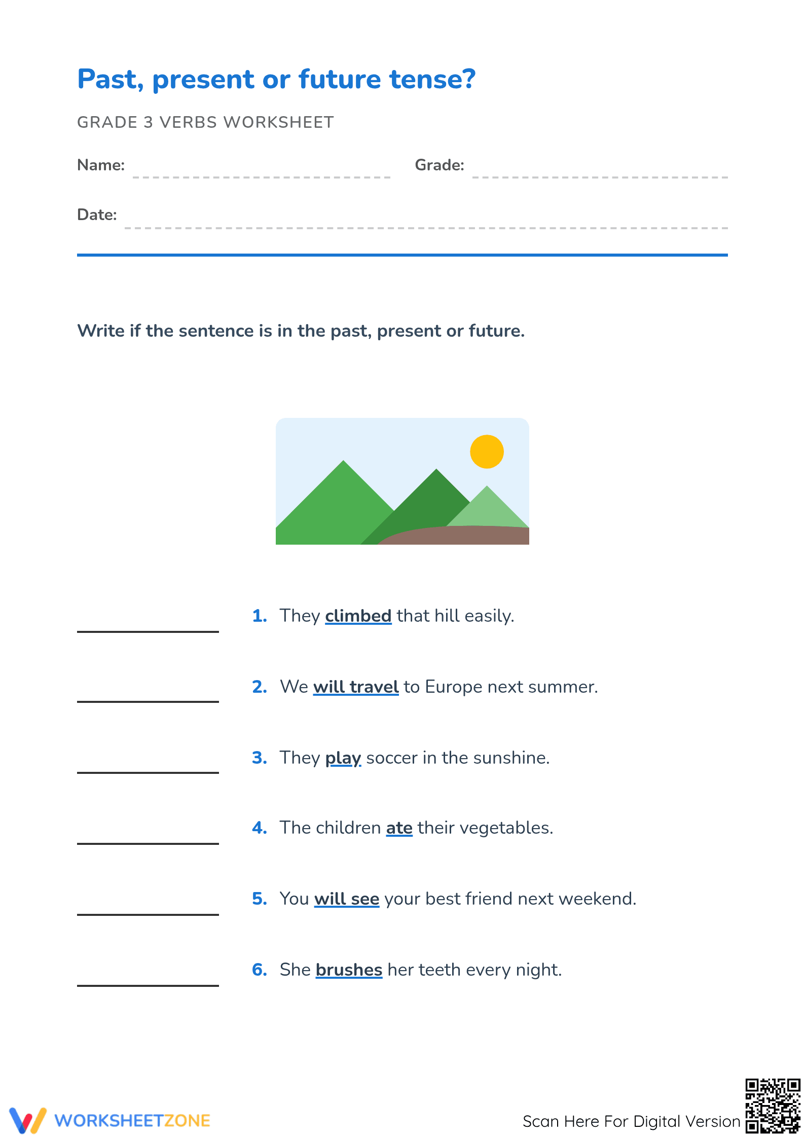 Past, Present, Future Tense Worksheet | Printable Grade 1 - Page 1
