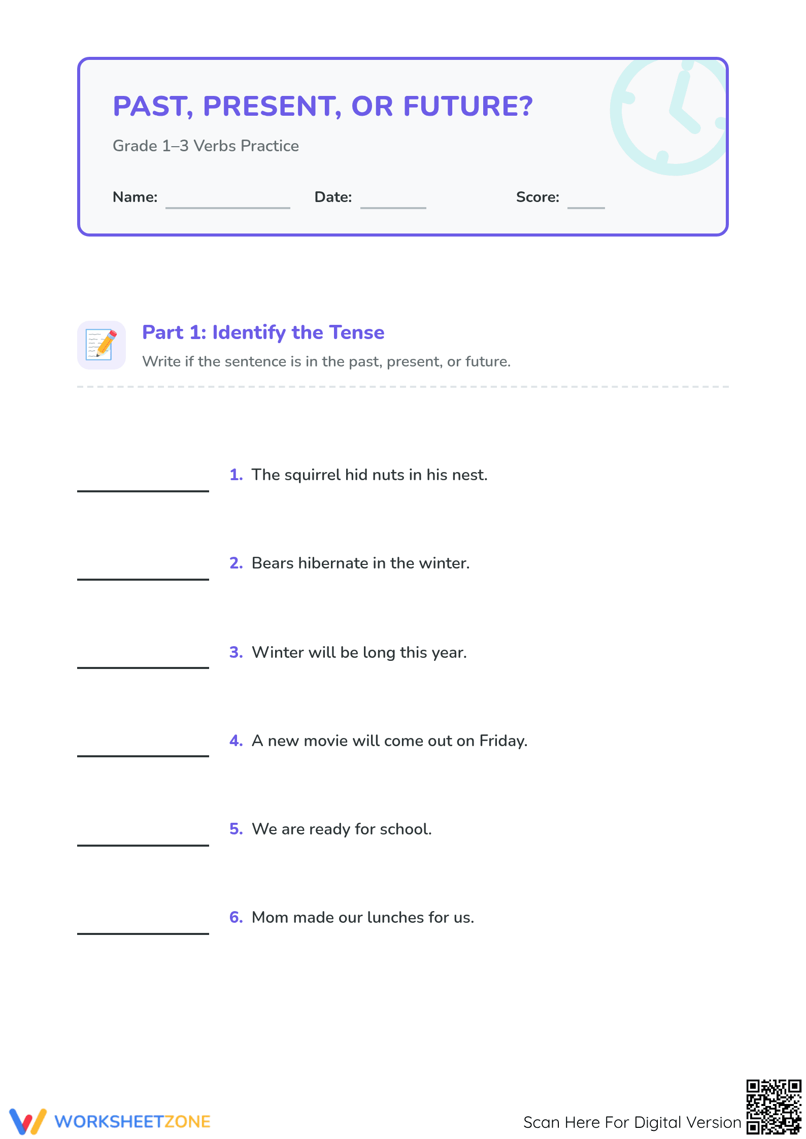 Printable Past, Present, or Future Tense Verb Practice - Page 1