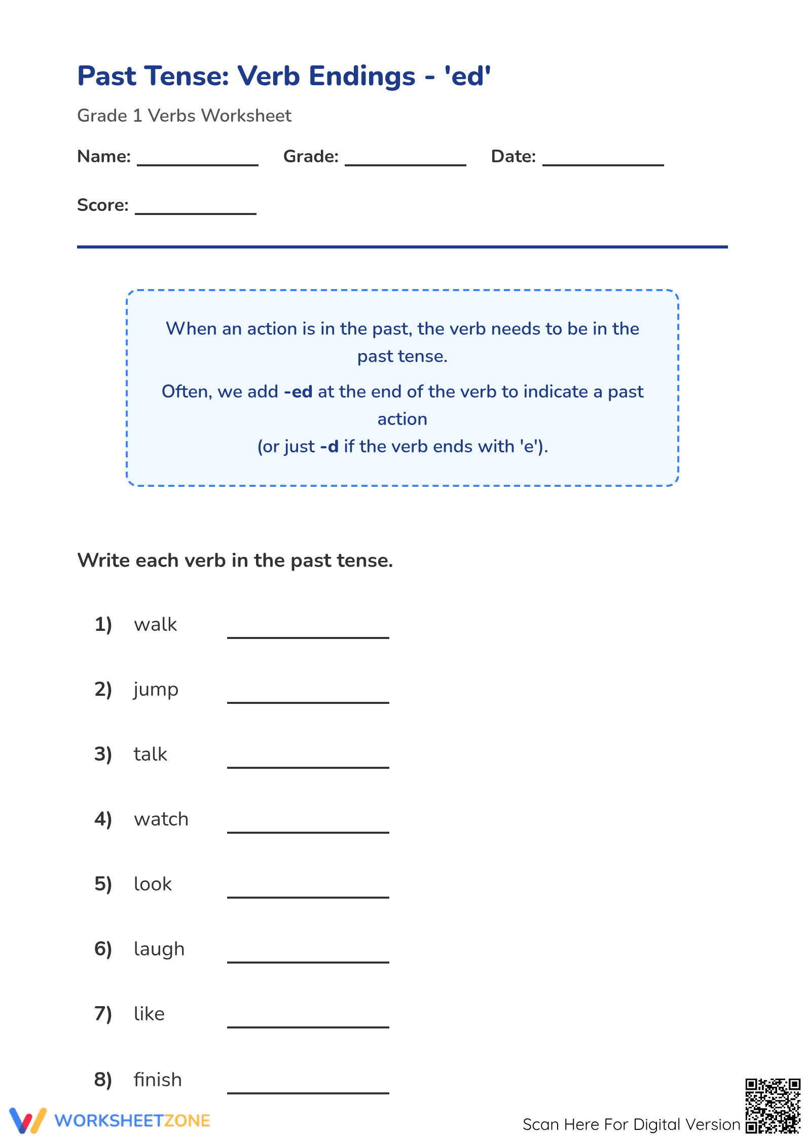 Past Tense -ed Endings Printable Worksheet | Grade 1 ELA - Page 1