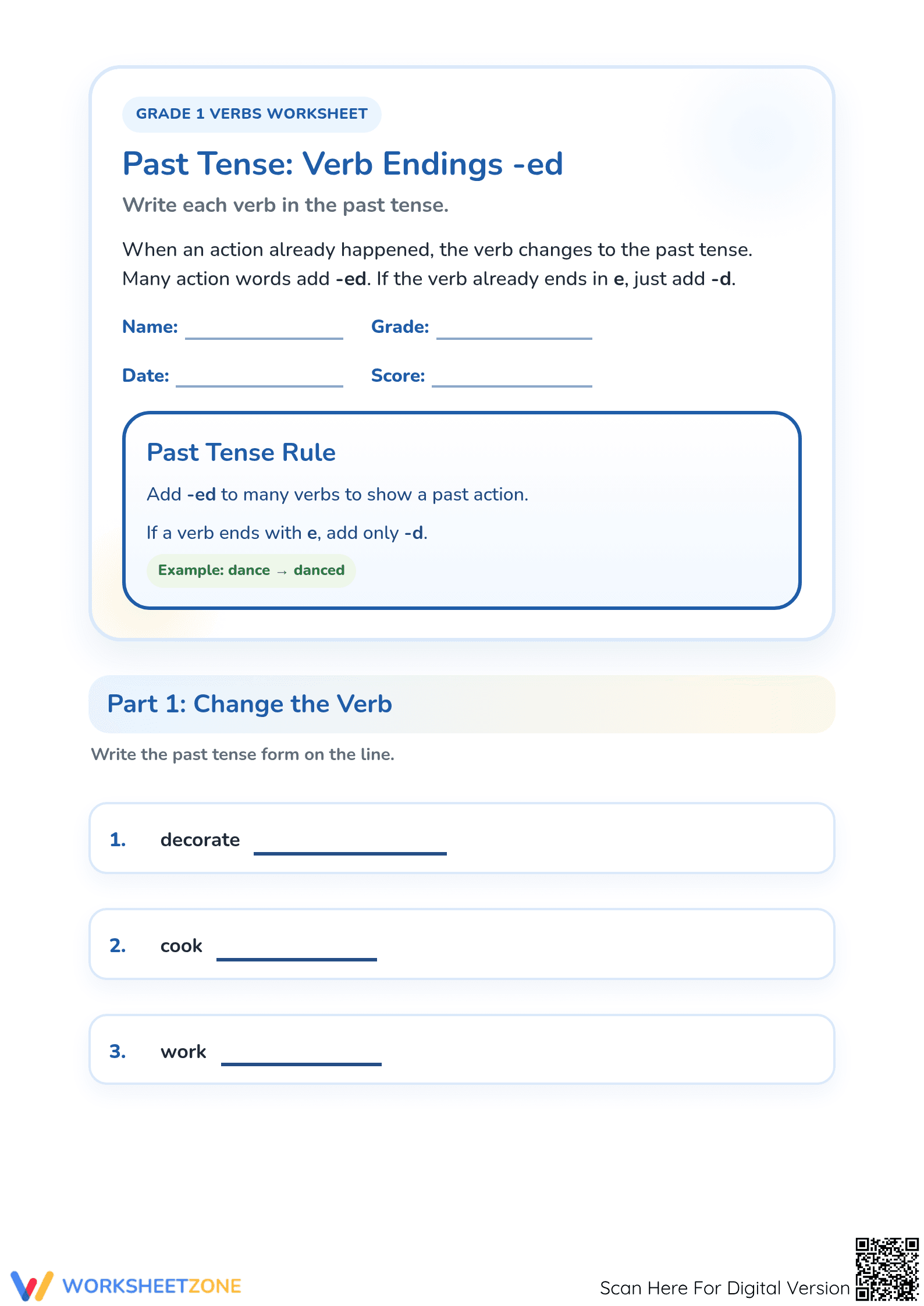Past Tense -ed Worksheet | Grade 1 Essential Printable - Page 1