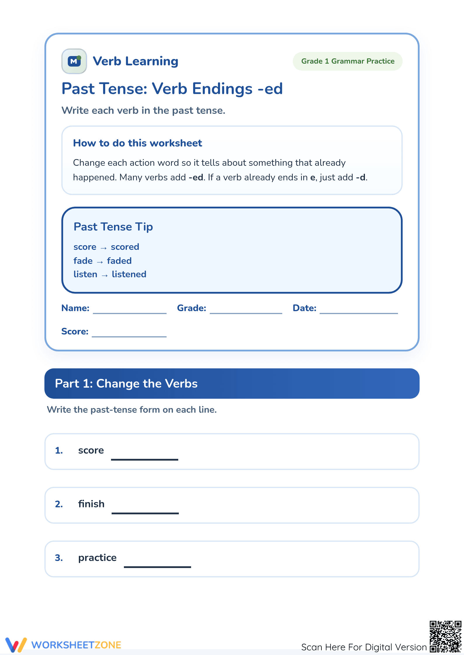 Printable Past Tense -ed Verbs Worksheet | Grade 1 ELA - Page 1