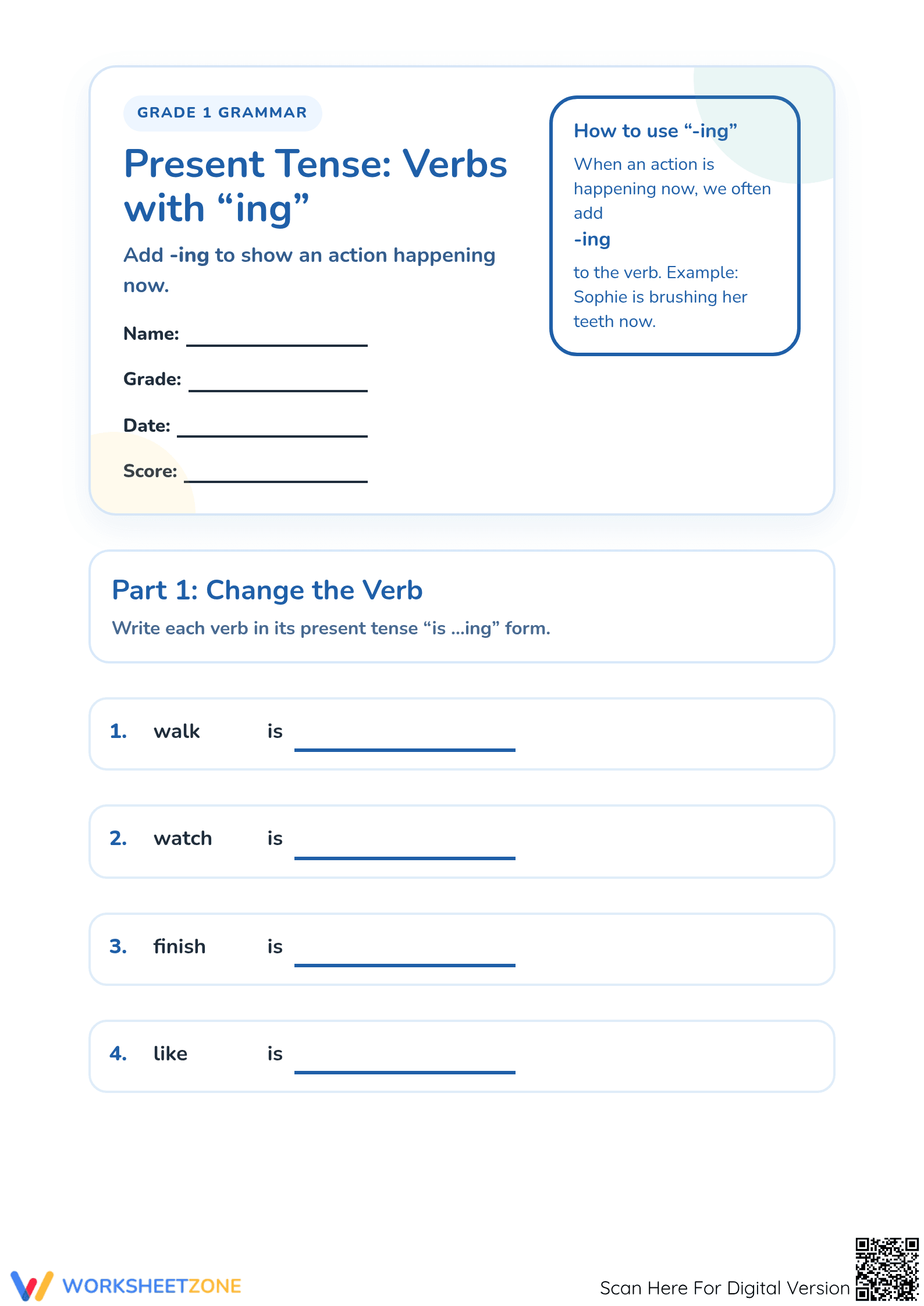 Printable Grade 1 Present Tense Verbs with -ing Worksheet - Page 1
