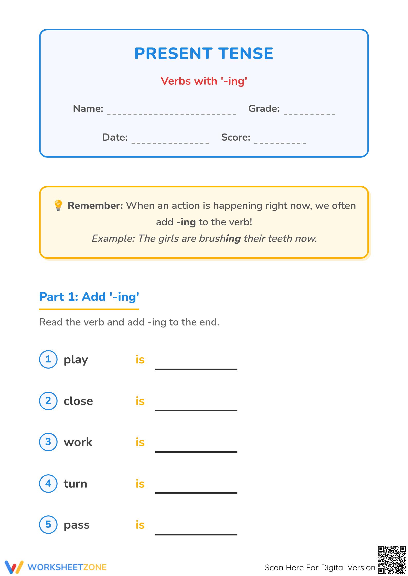 Printable Present Tense -ing Verbs Worksheet | Grade 1 - Page 1