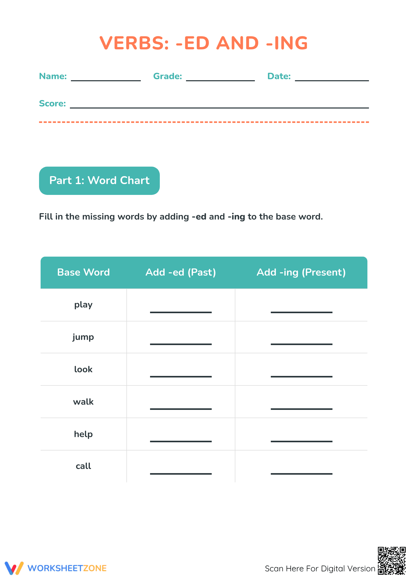 Grade 1 Verbs -ed and -ing Worksheet | Printable ELA - Page 1