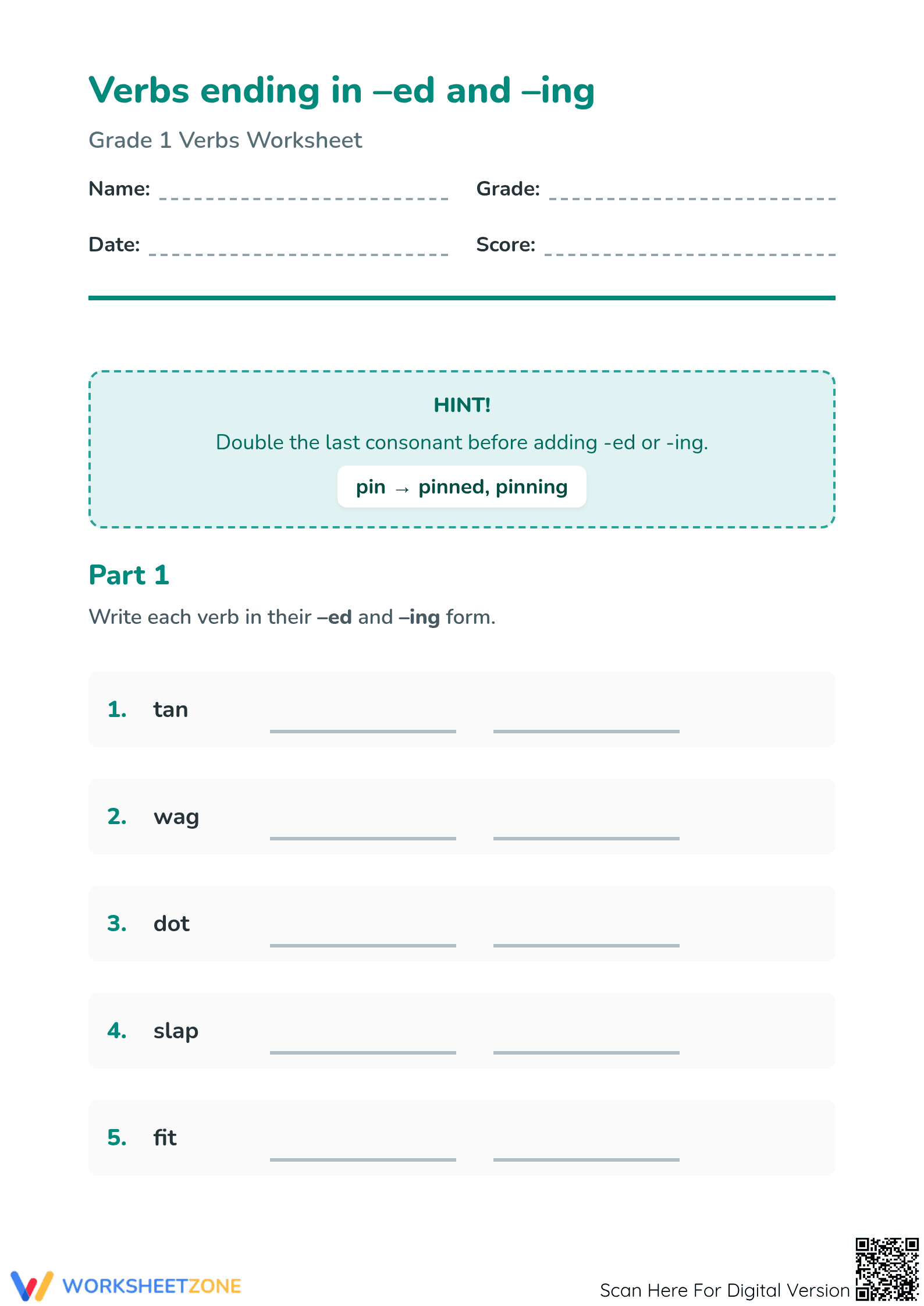 Essential Grade 1 Verbs Worksheet: -ed and -ing Tenses - Page 1