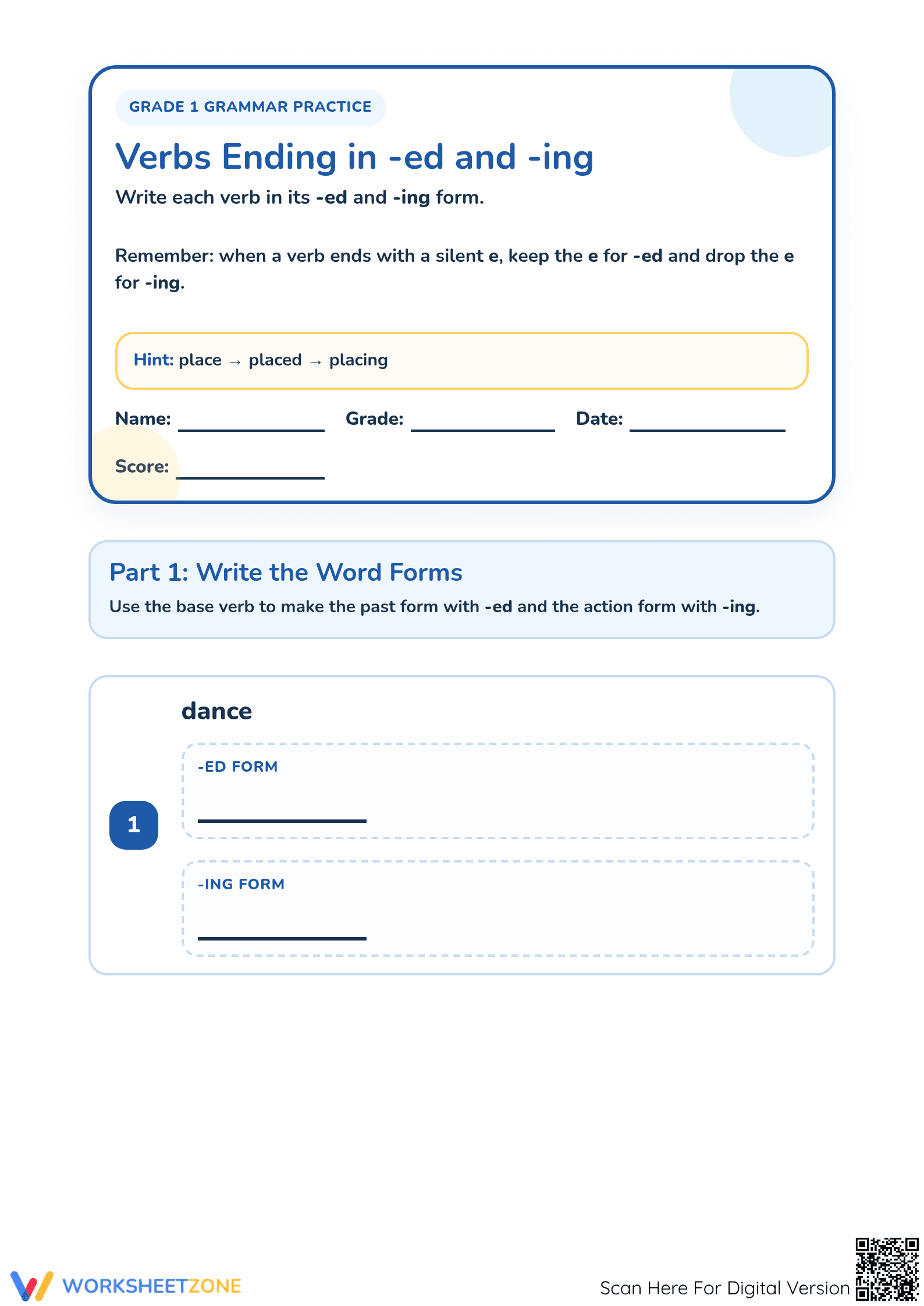 Printable Verbs Ending in -ed and -ing Worksheet | Grade 1 - Page 1