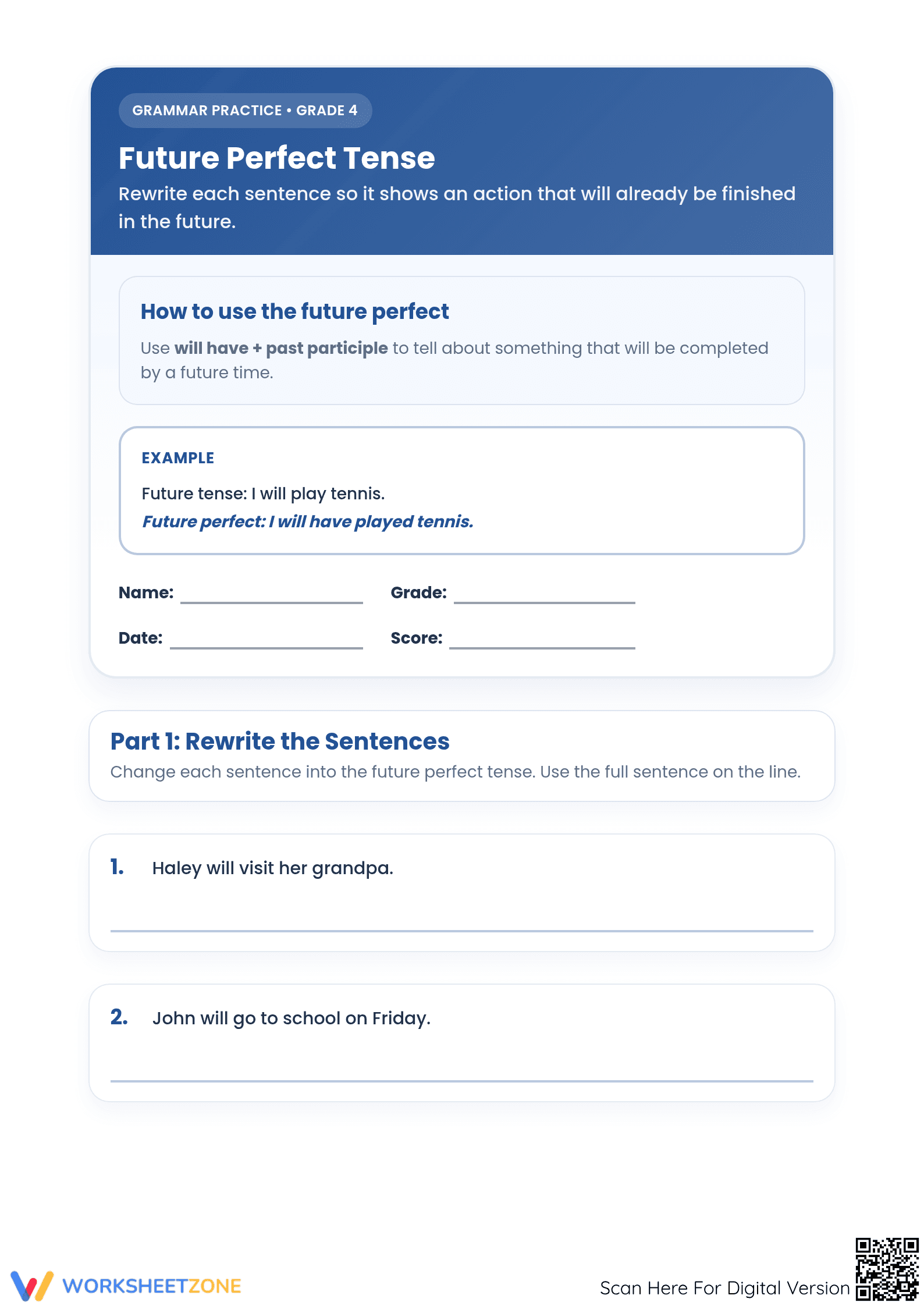 Future Perfect Tense Worksheet | Grade 4 Printable - Page 1