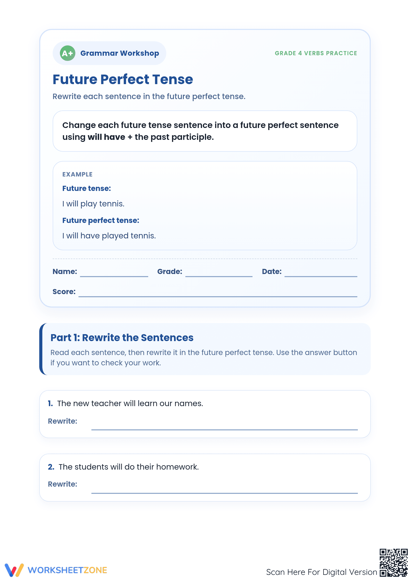 Printable Future Perfect Tense Worksheet | Grade 4 ELA - Page 1