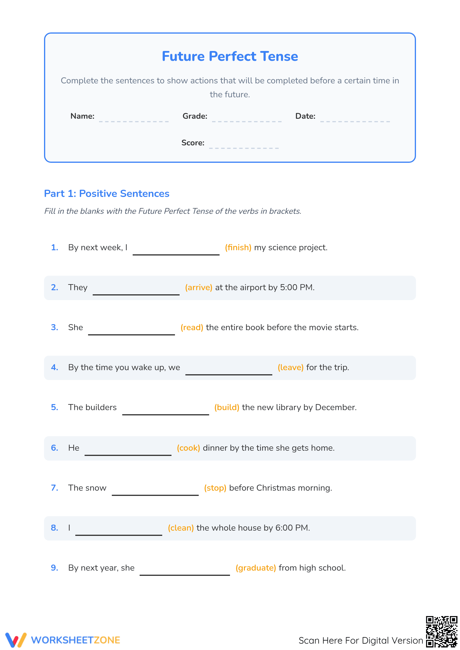 Future Perfect Tense Worksheet | Grade 4 Printable - Page 1
