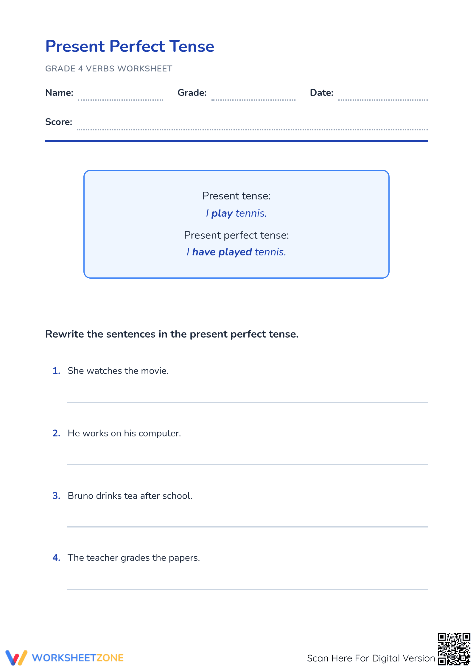 Present Perfect Tense Worksheet | Essential Grade 4 ELA - Page 1