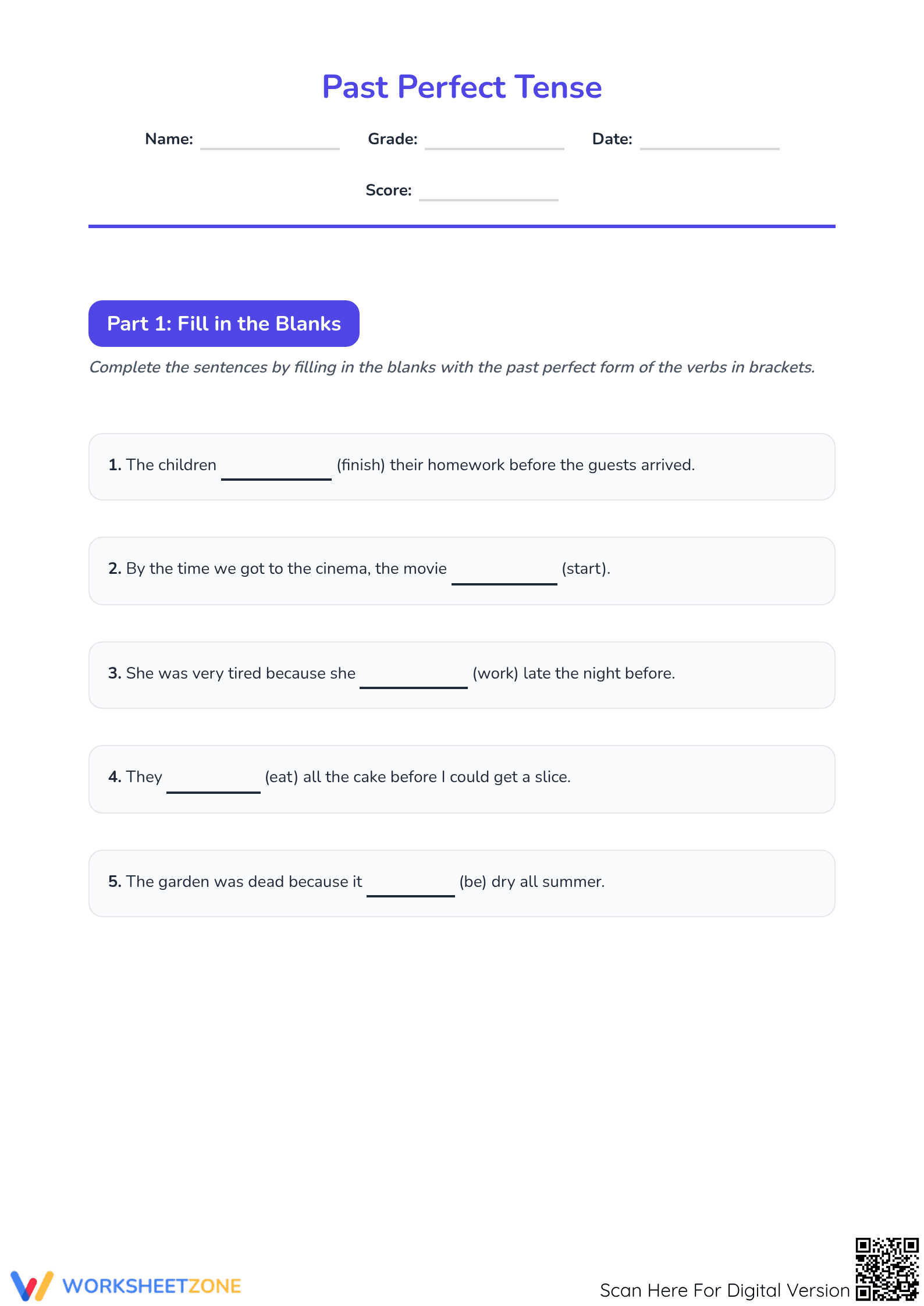 Printable Past Perfect Tense Worksheet | Grade 4 ELA - Page 1