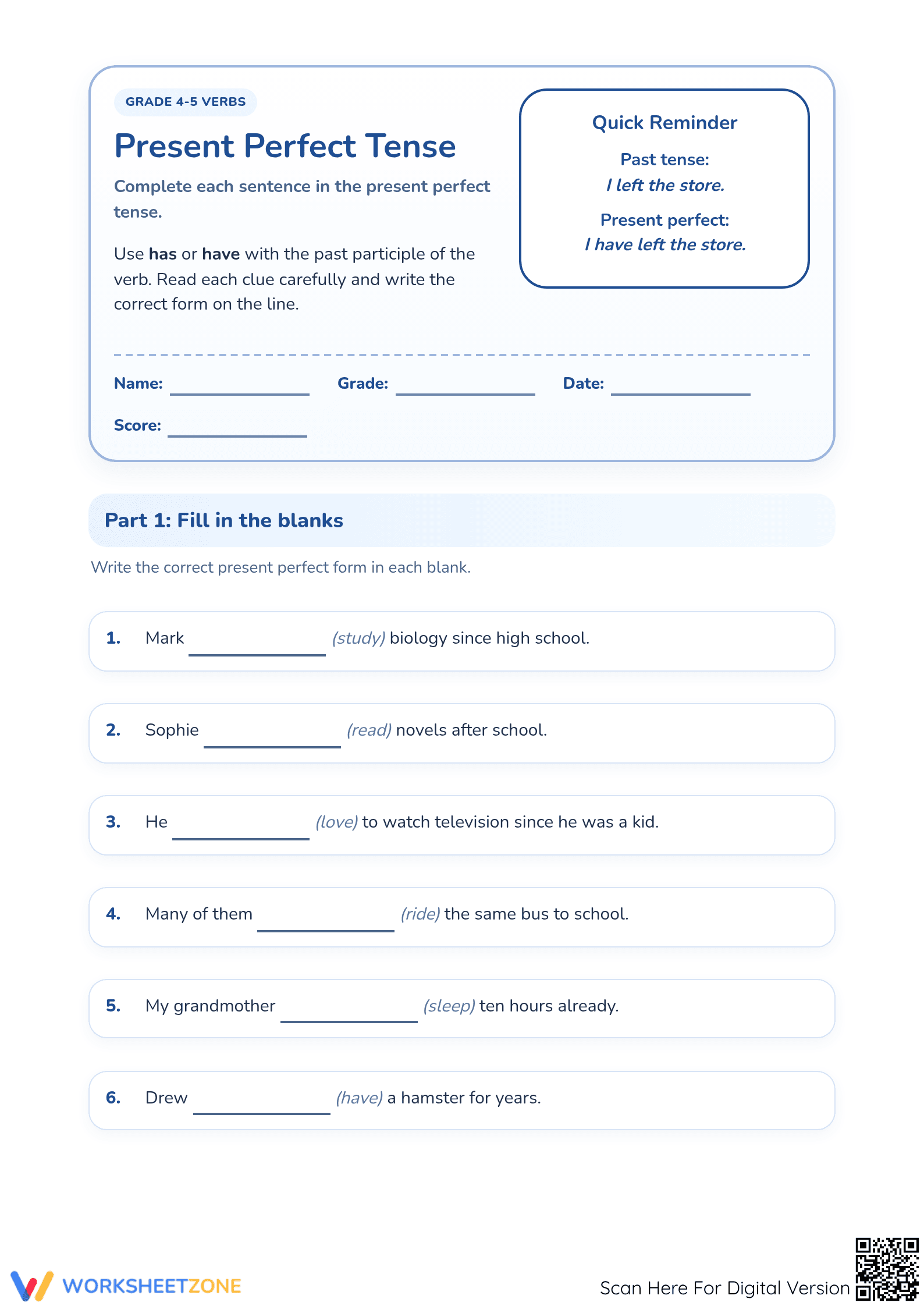 Present Perfect Tense Worksheet | Printable Grade 5 ELA - Page 1