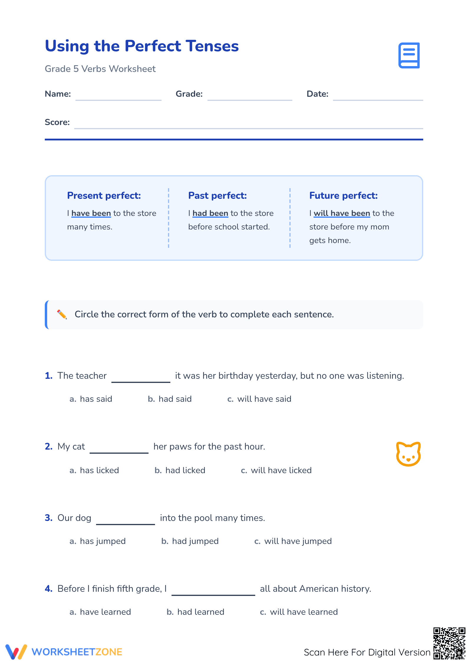 Perfect Tenses Worksheet | Grade 5 Essential Practice - Page 1