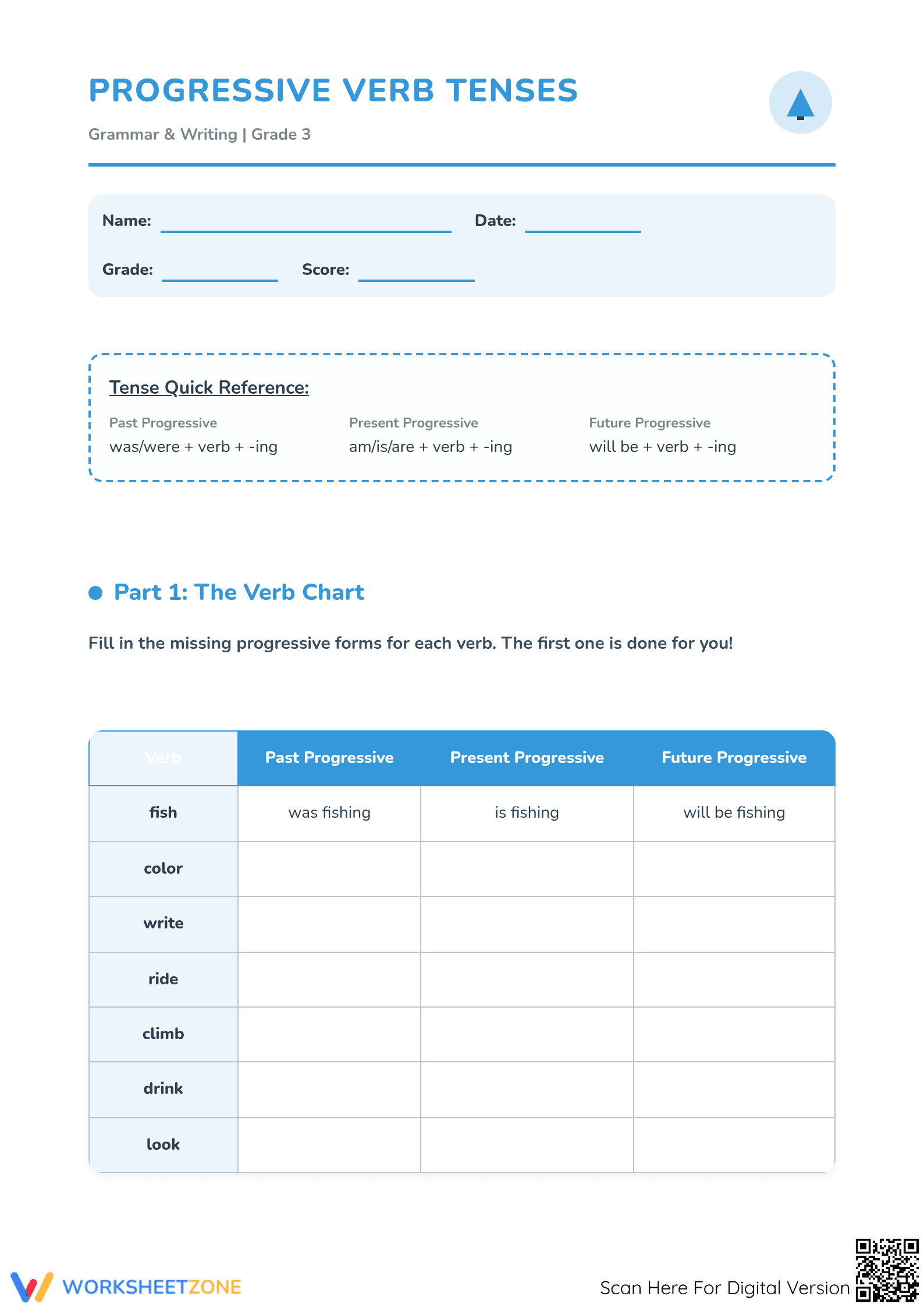 Printable Progressive Verb Tenses 2 Worksheet | Grade 3 ELA - Page 1