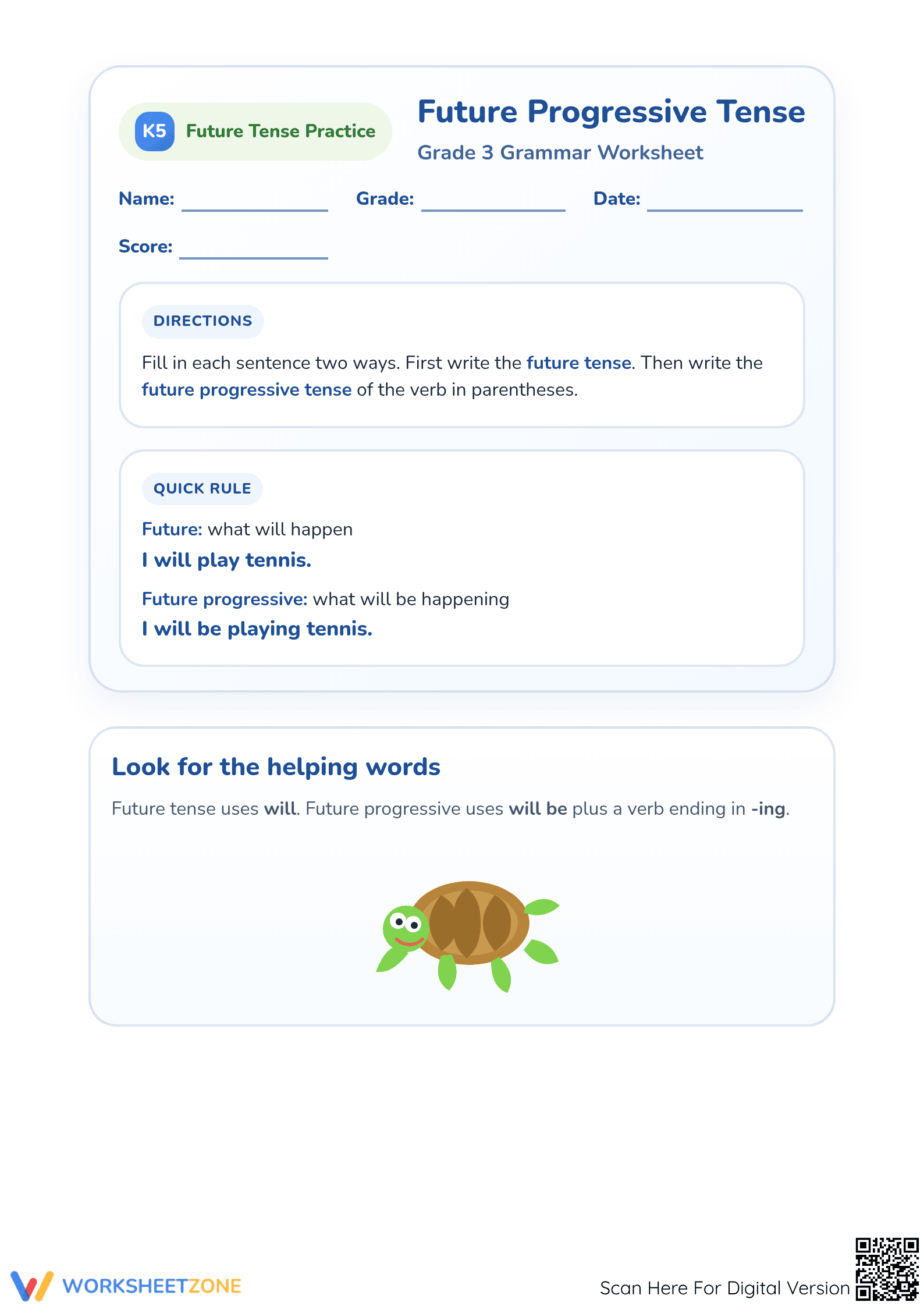 Future Progressive Tense Worksheet | Grade 3 Essential - Page 1