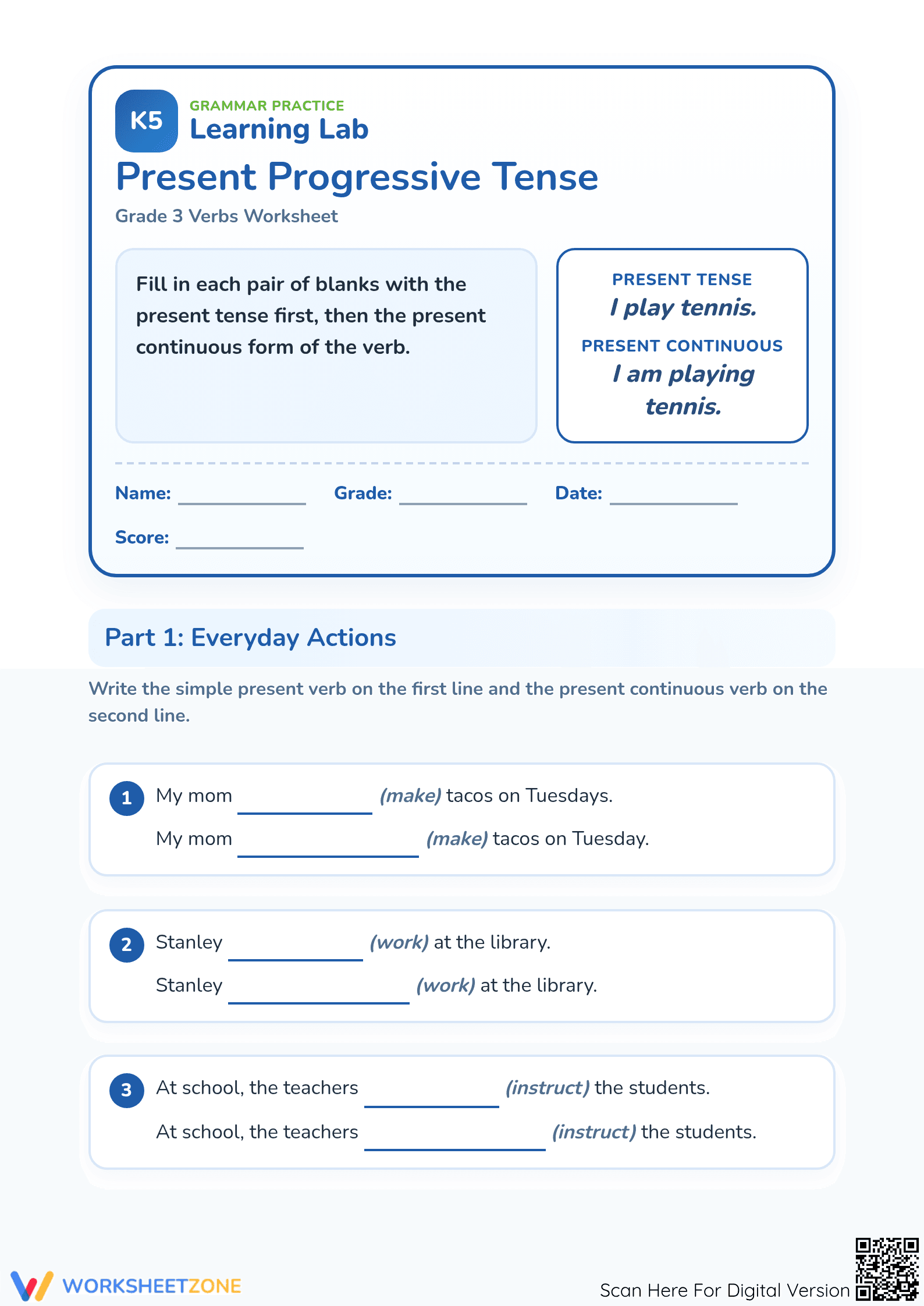 Present Progressive Tense Worksheet | Grade 3 Essential - Page 1