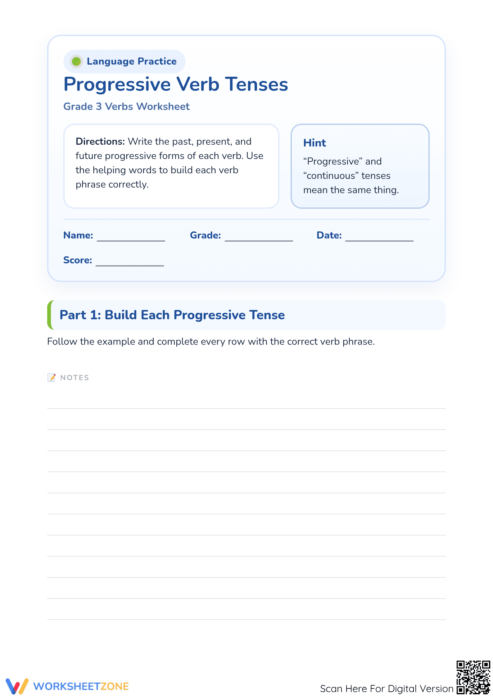 Grade 3 Progressive Verb Tenses — Printable Ready Worksheet - Page 1