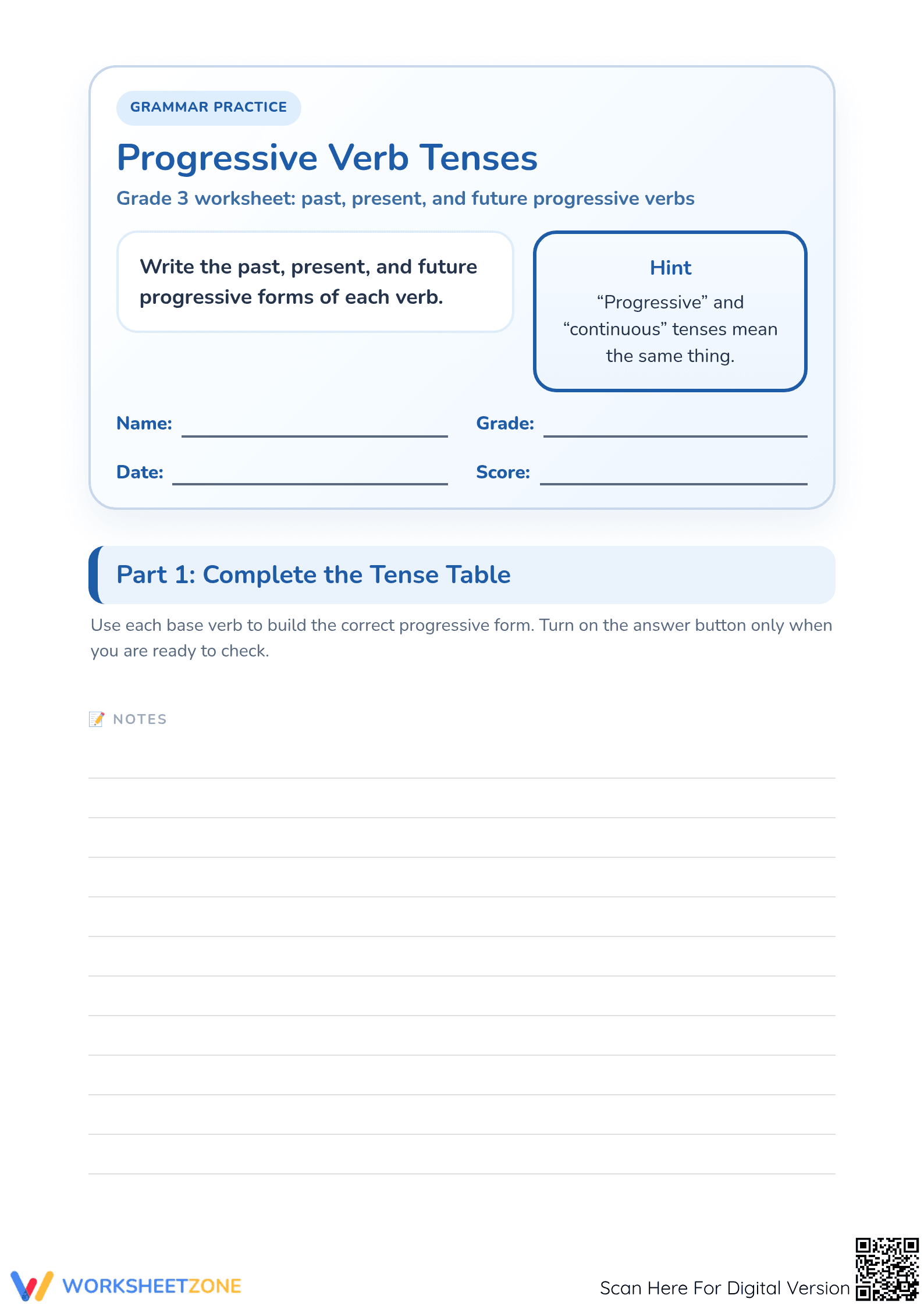 Progressive Verb Tenses Worksheet | Grade 3 Essential - Page 1