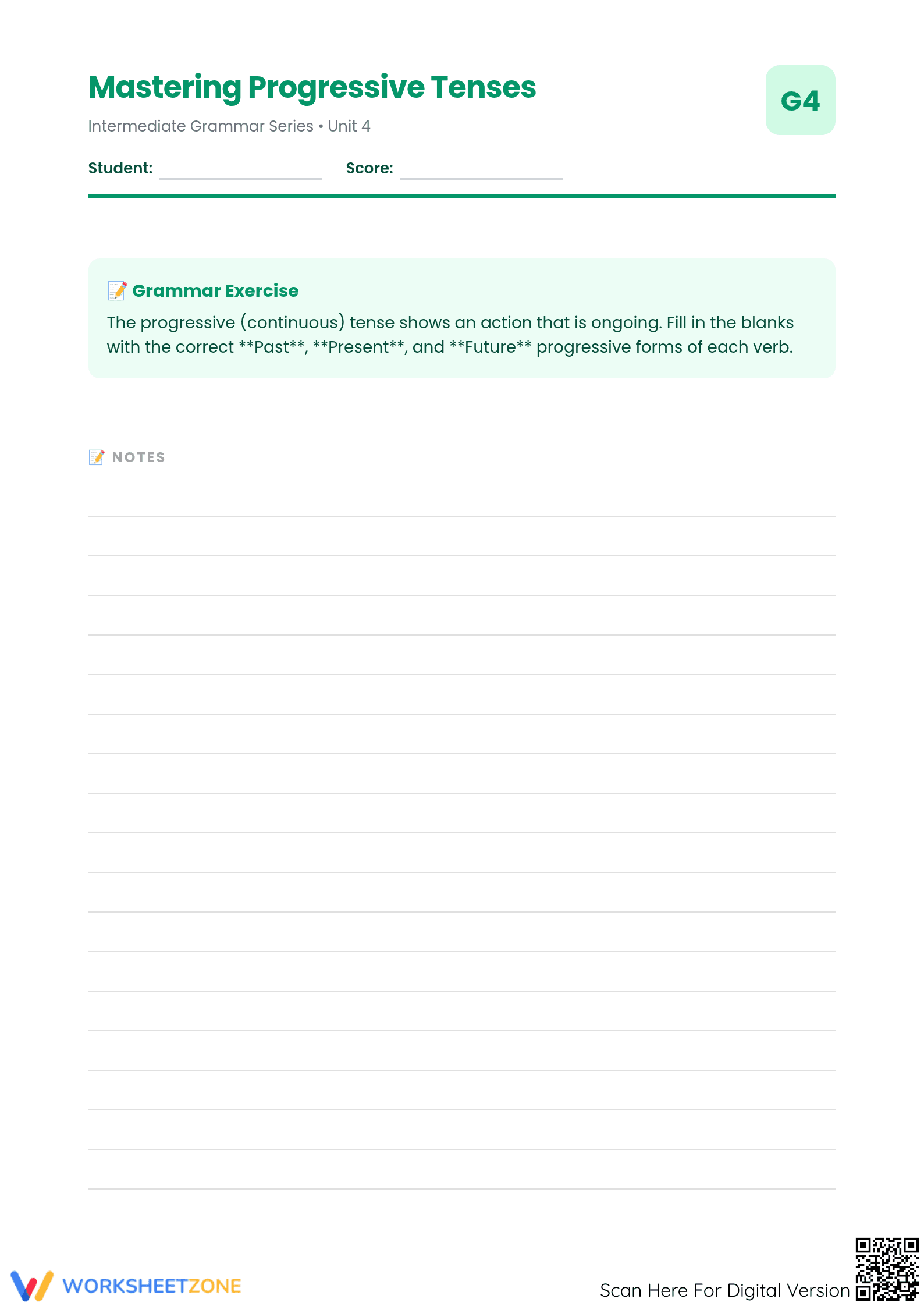 Mastering Progressive Tenses Worksheet | Essential ELA - Page 1