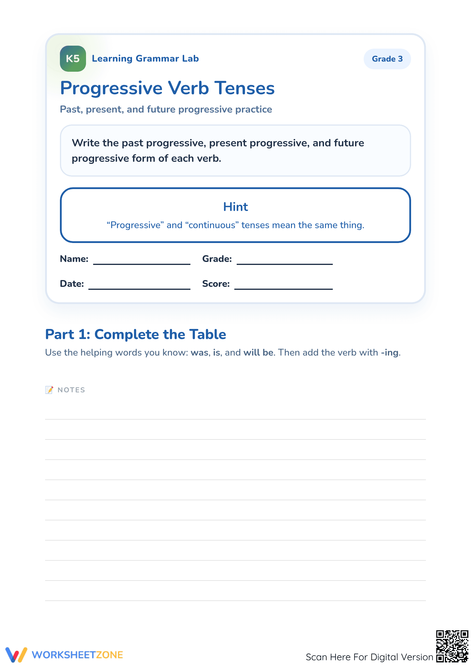 Progressive Verb Tenses Worksheet | Grade 3 Essential - Page 1