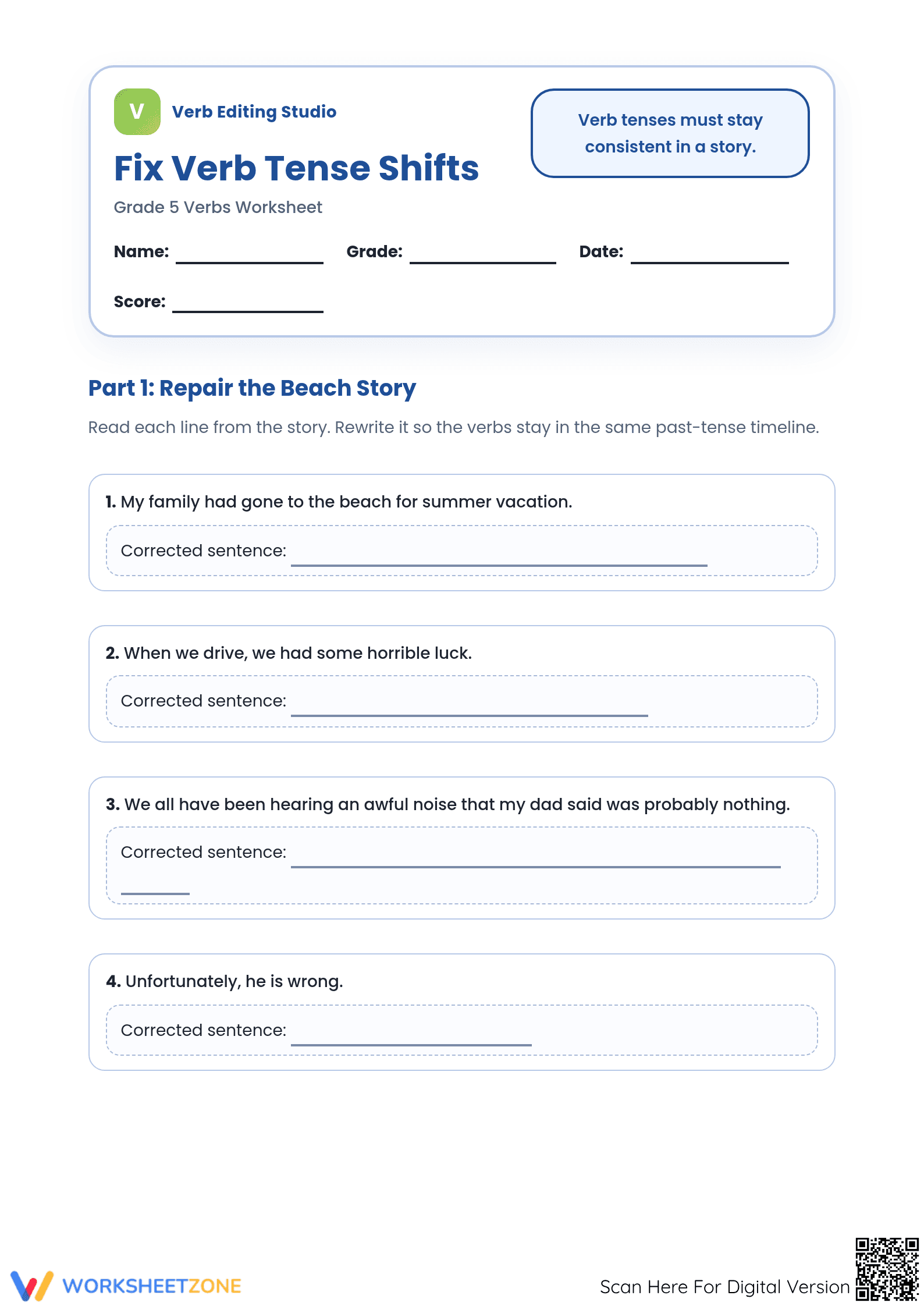 Fix Verb Tense Shifts | Essential Grade 5 ELA Worksheet - Page 1