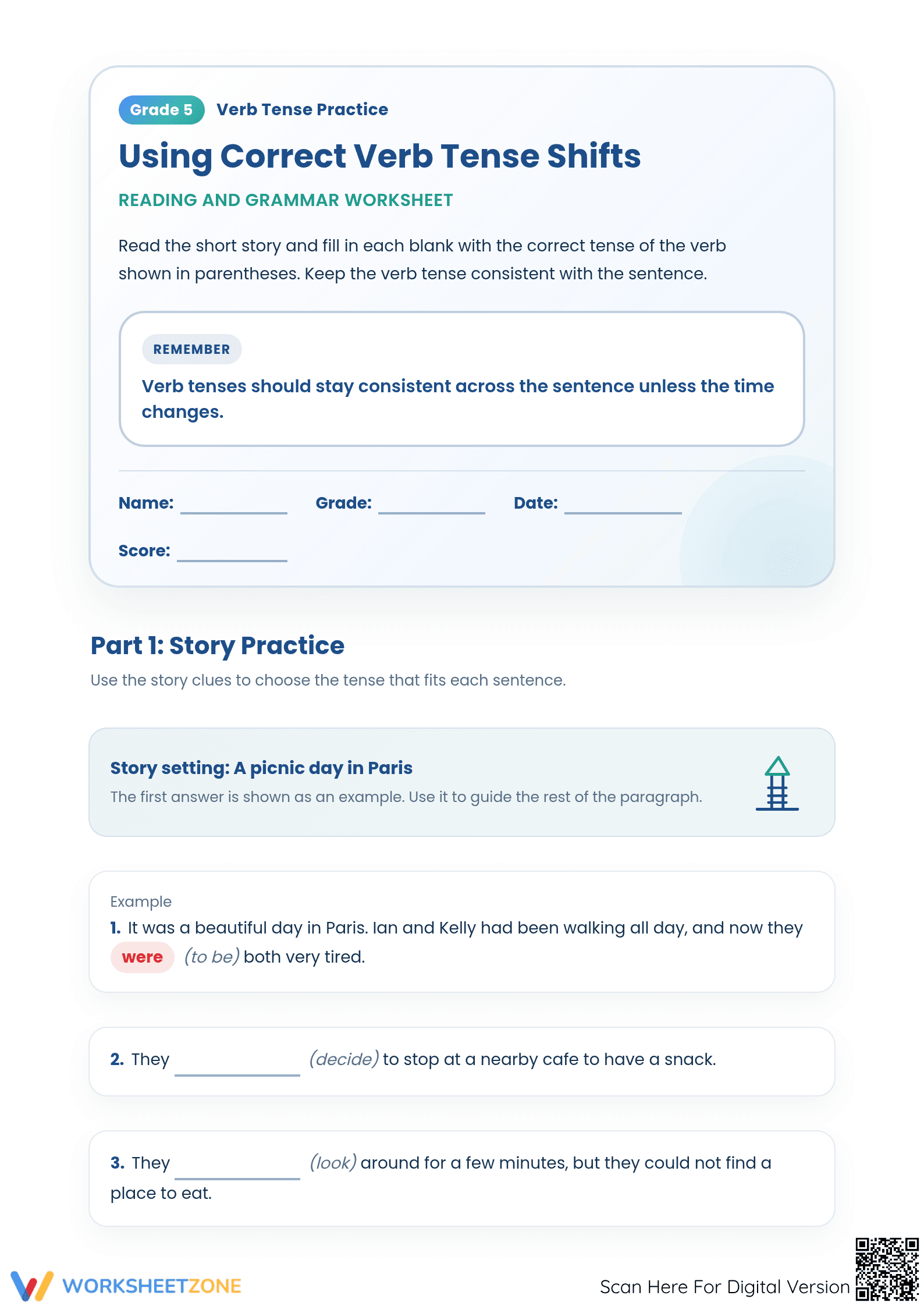 Verb Tense Shifts Worksheet | Grade 5 Printable - Page 1
