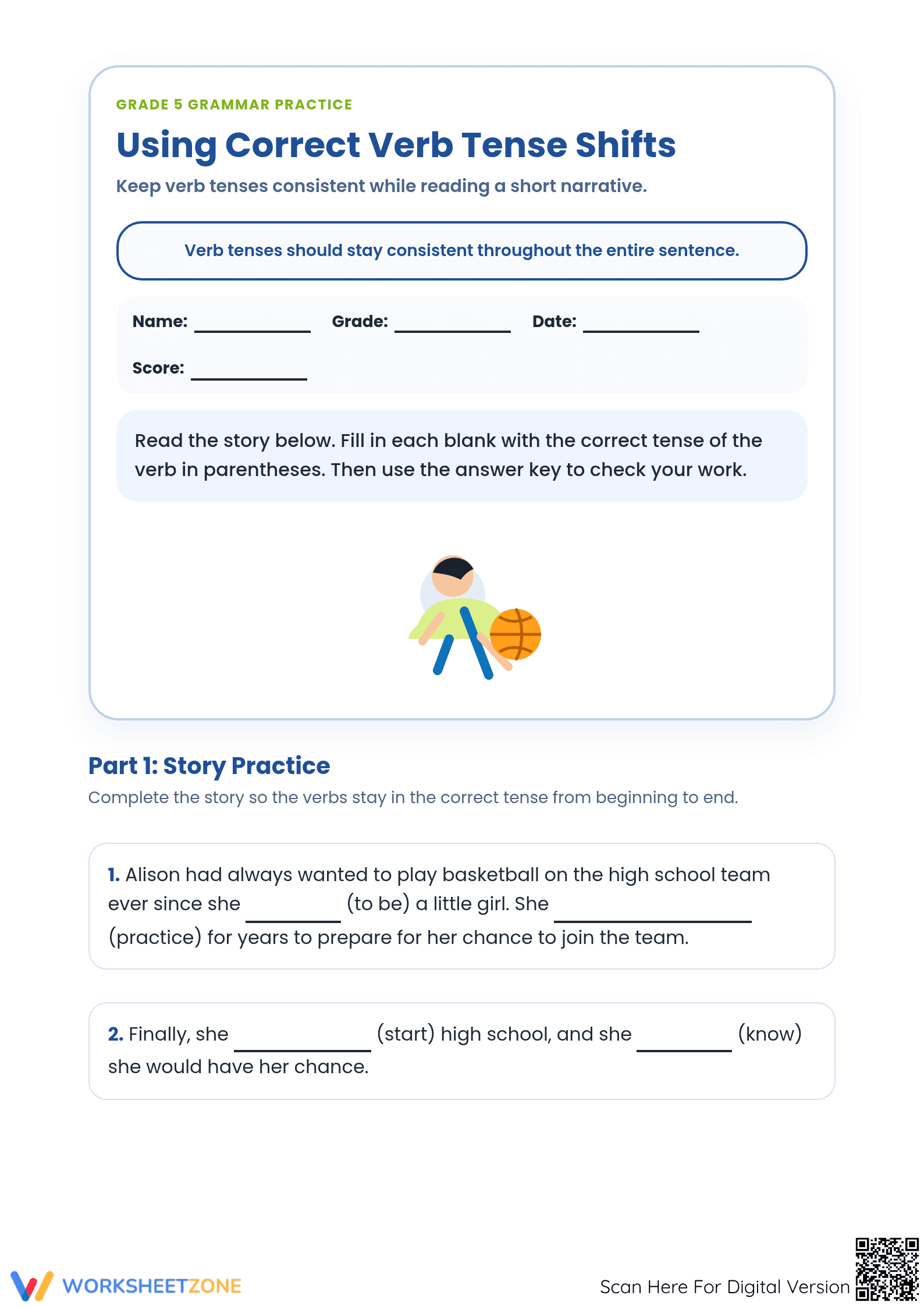 Grade 5 Verb Tense Shifts | Essential Grammar Worksheet - Page 1