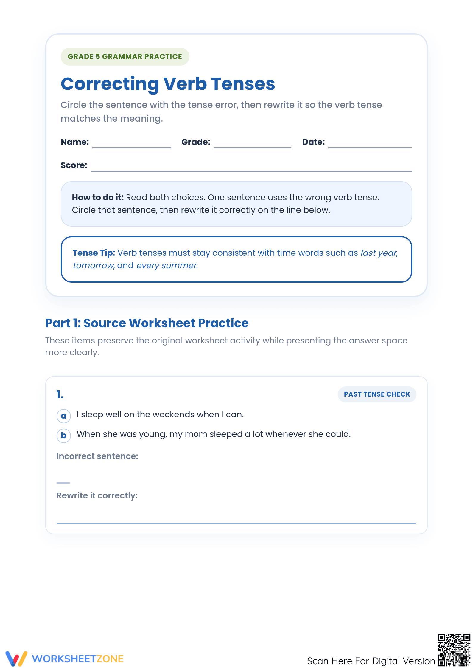 Essential Verb Tense Shifts Worksheet | Grade 5 ELA - Page 1