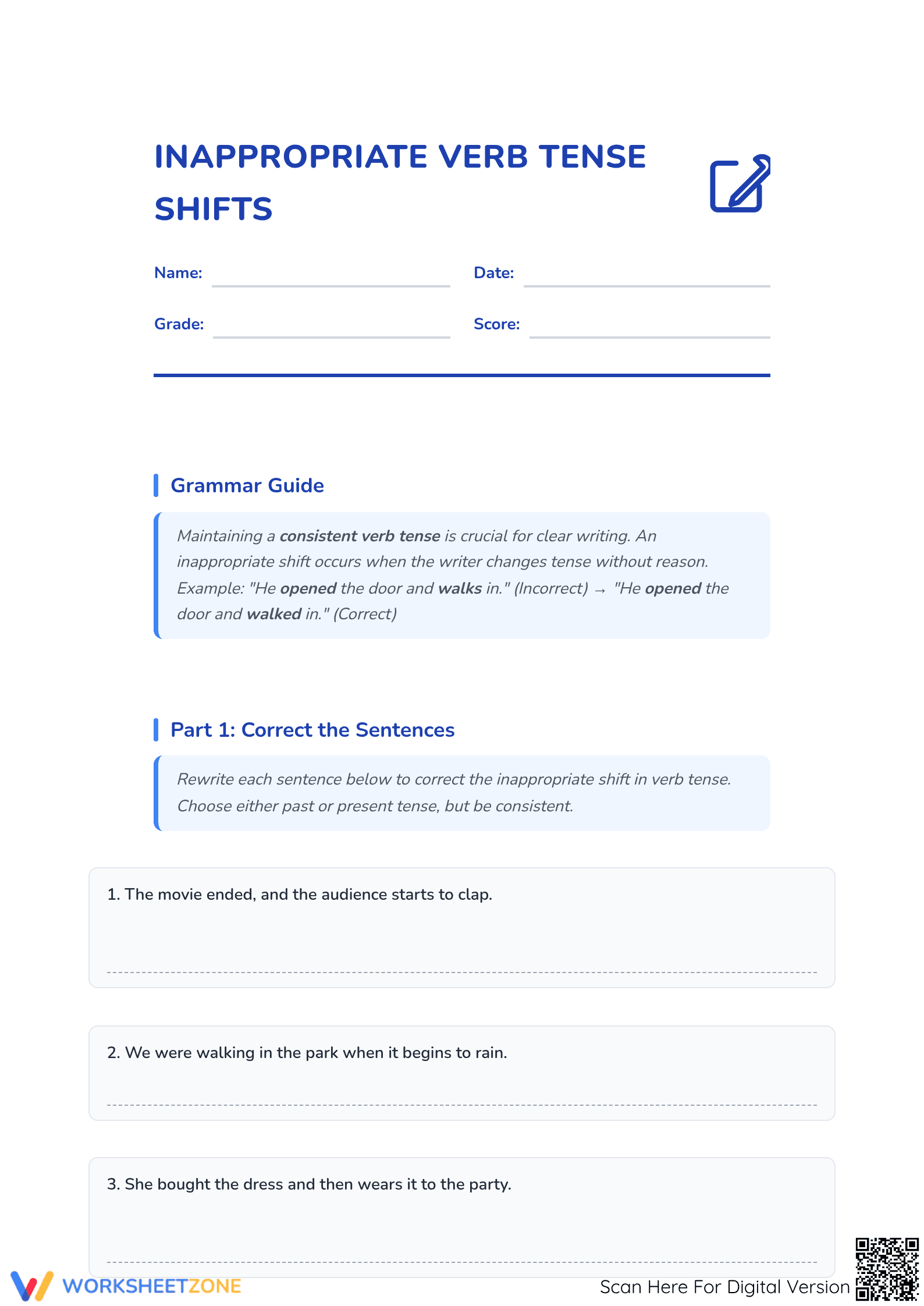 Essential Verb Tense Shifts Worksheet | Grade 5 ELA - Page 1