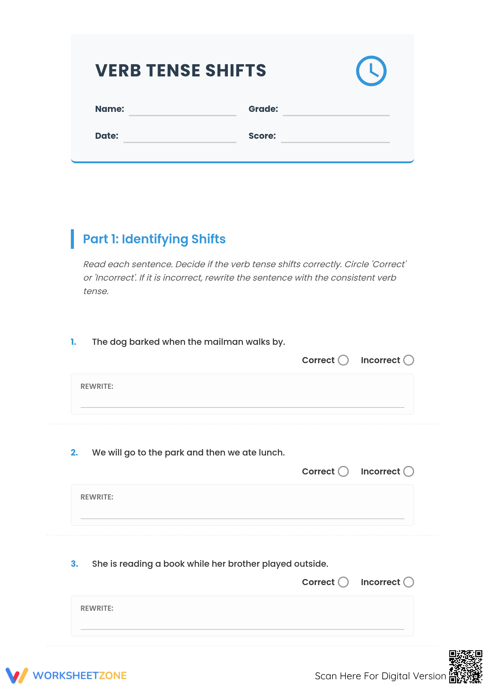 Grade 5 Verb Tense Shifts — Printable No-Prep Worksheet - Page 1