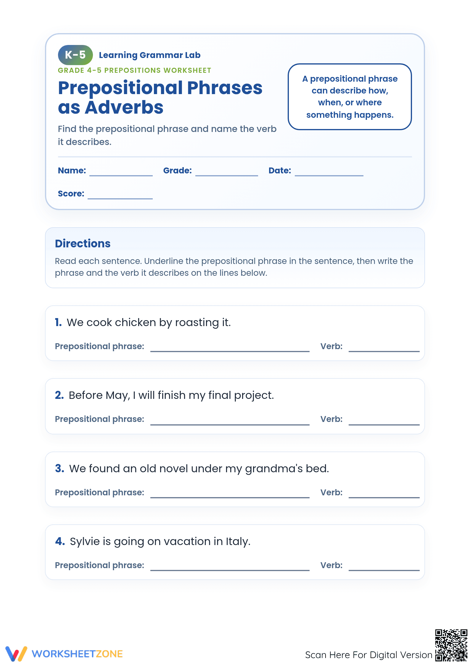 Essential Prepositional Phrases as Adverbs | Grade 4-5 - Page 1