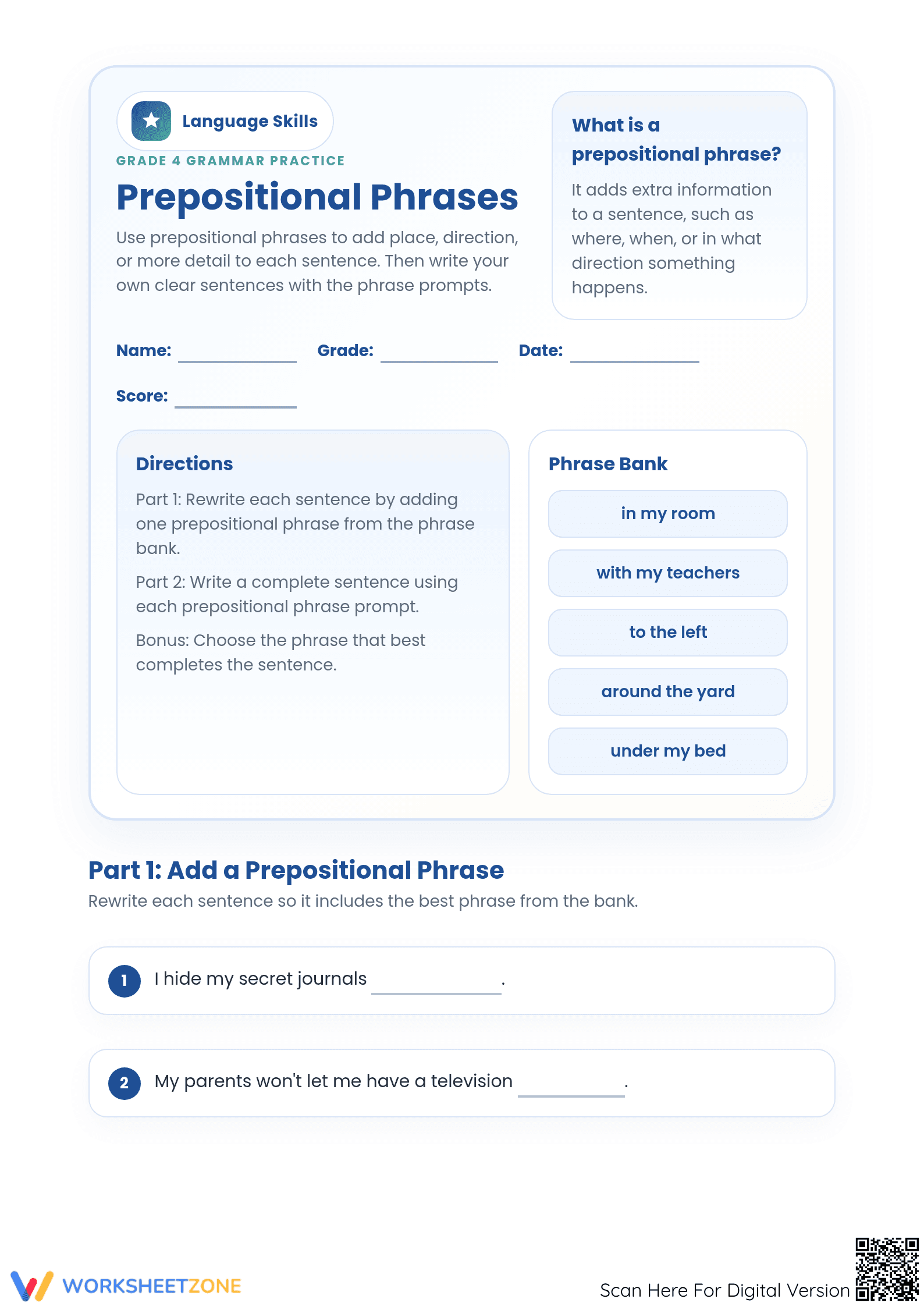 Prepositional Phrases Worksheet | Essential Grade 4 ELA - Page 1
