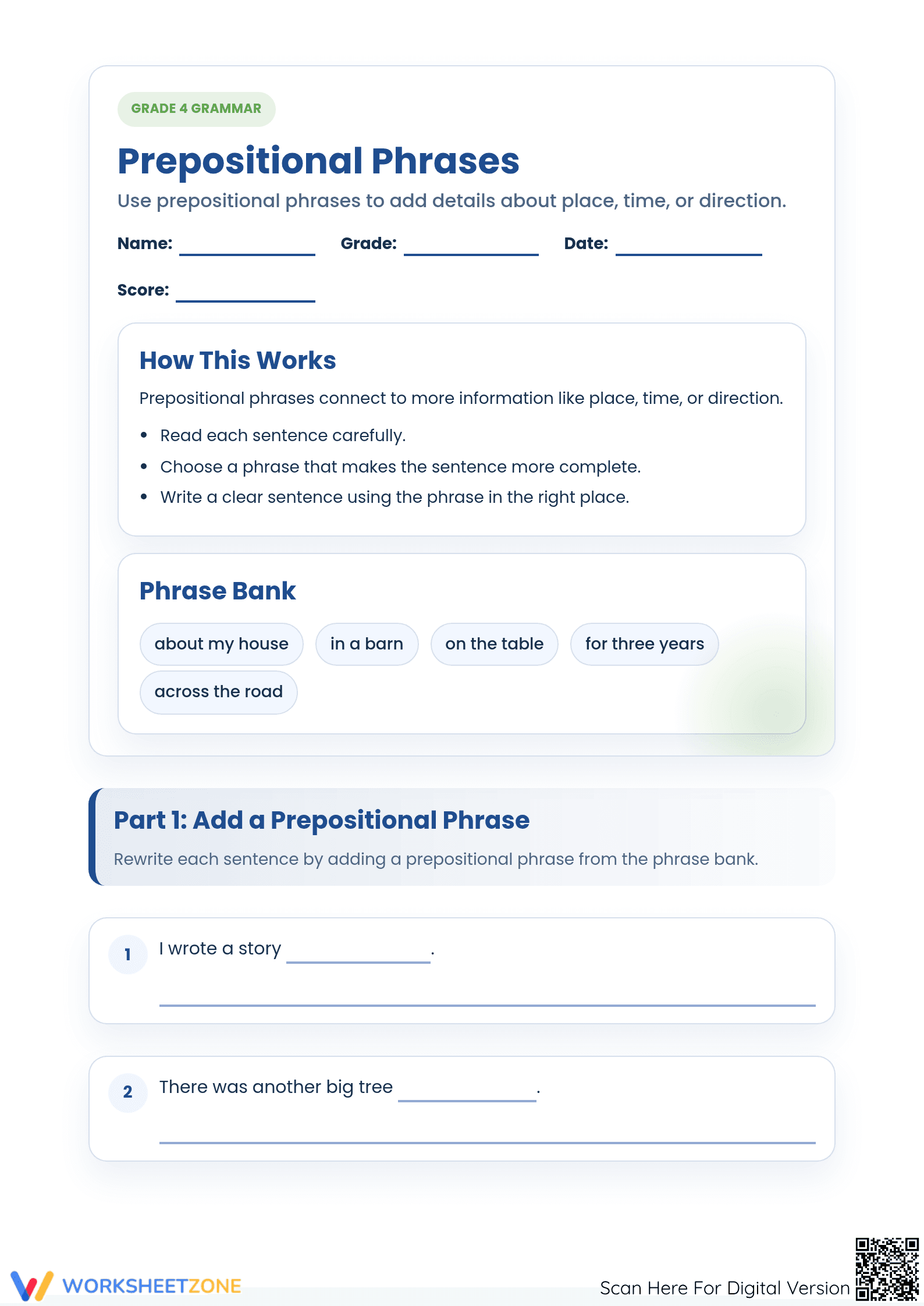 Grade 4 Prepositional Phrases — Printable No-Prep Worksheet - Page 1
