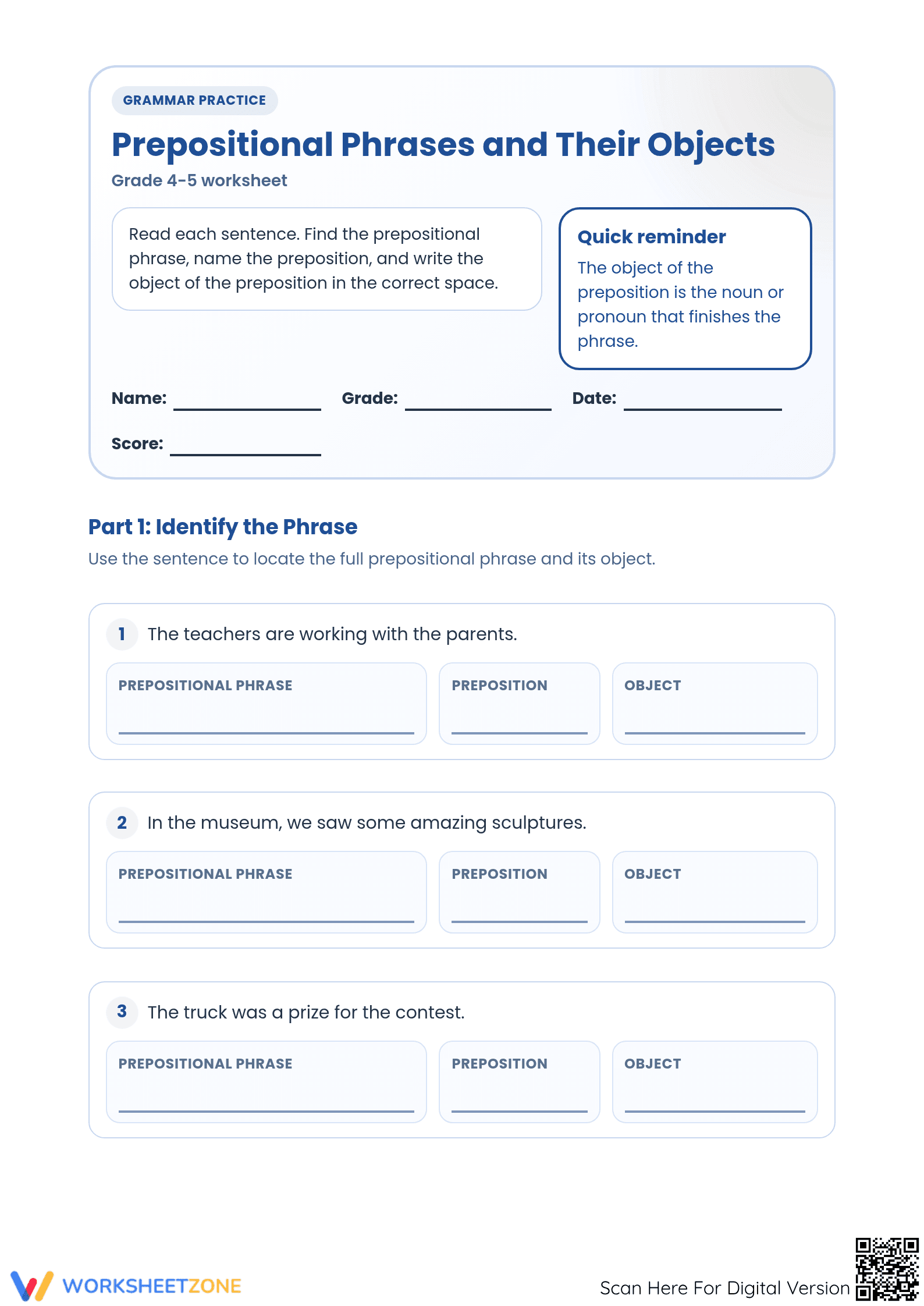 Prepositional Phrases Worksheet | Grade 4-5 Essential - Page 1