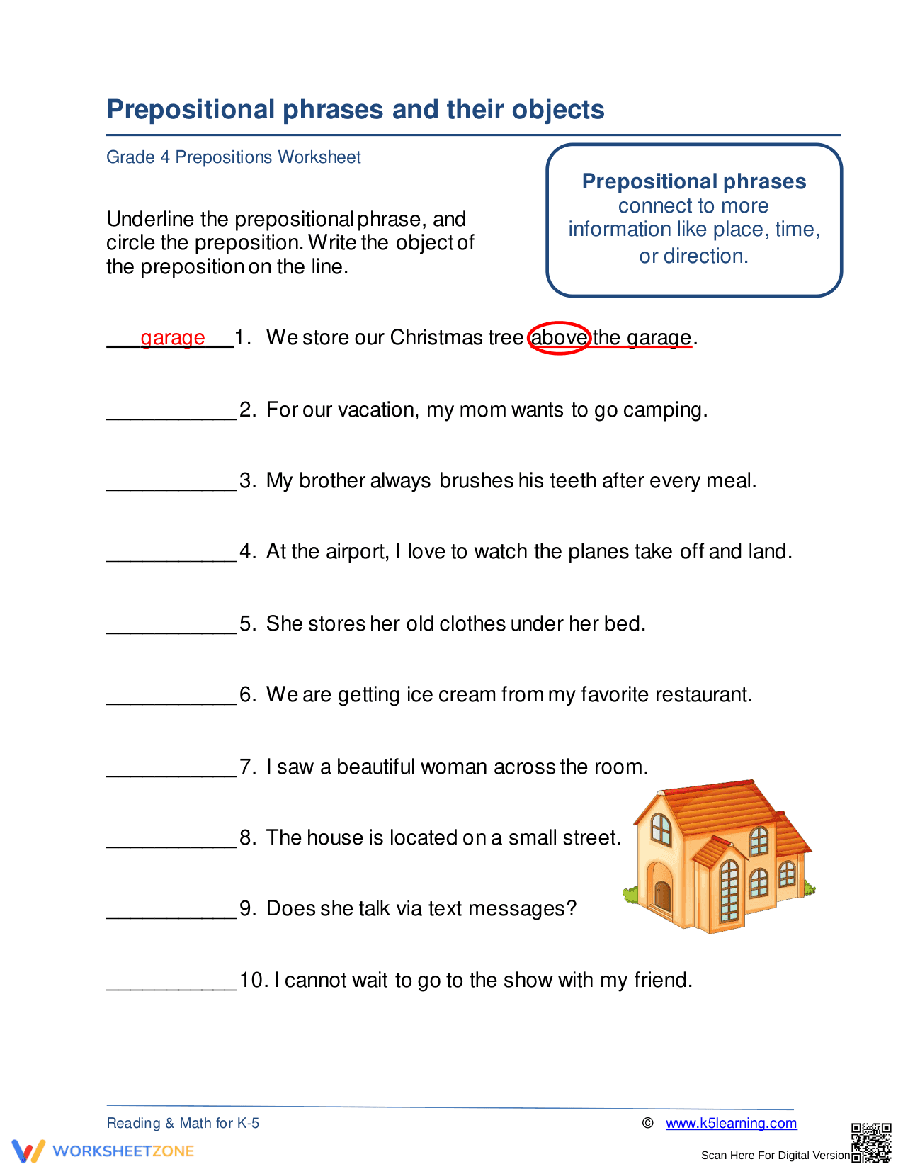 Prepositional Phrases Worksheet | Essential Grade 4 ELA - Page 1